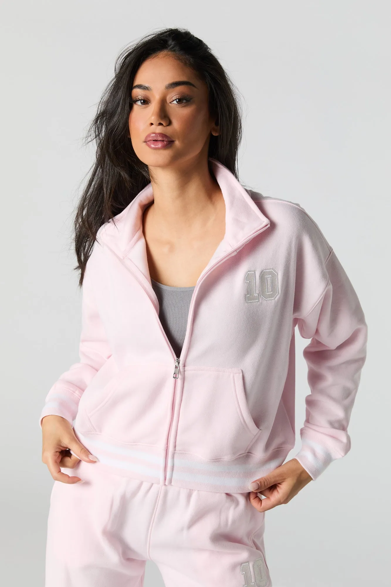 10 Embroidered Fleece Zip-Up Mock Neck Sweatshirt