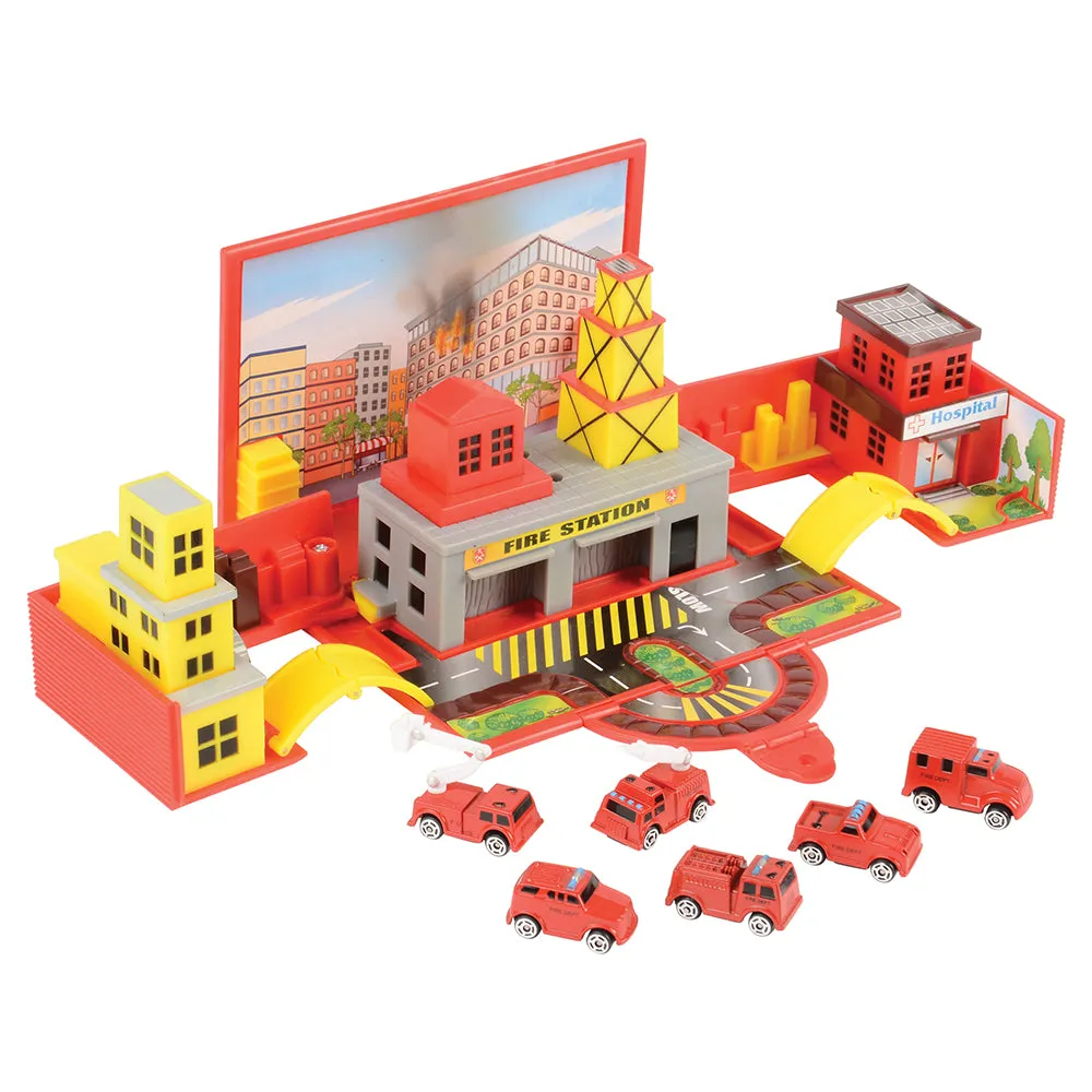 28-Piece Die Cast Micro Racers Playset with Pop-Up Cityscapes