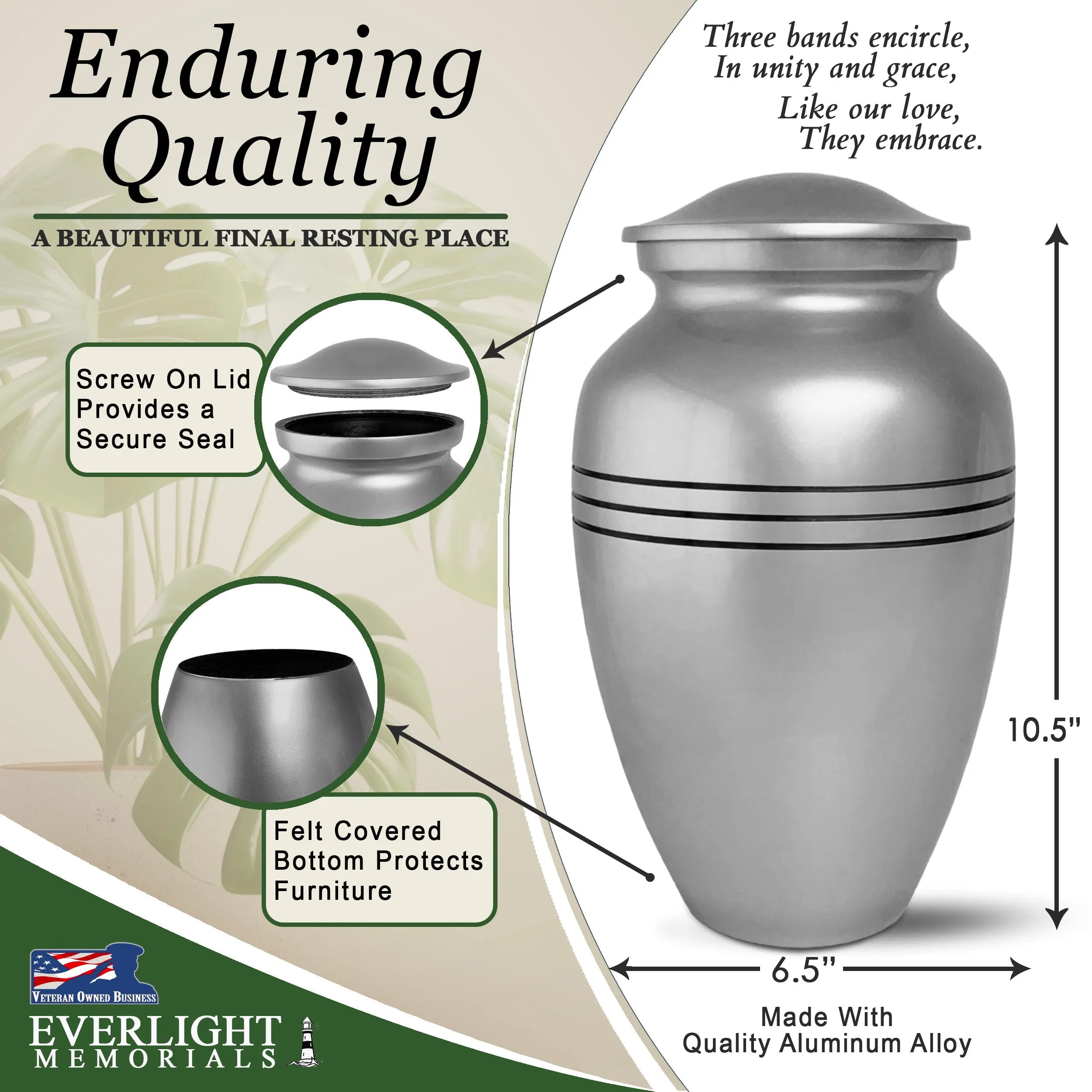 3 Banded Roman Classic Adult Cremation Urn for Human Ashes, Large w/ Velvet Bag