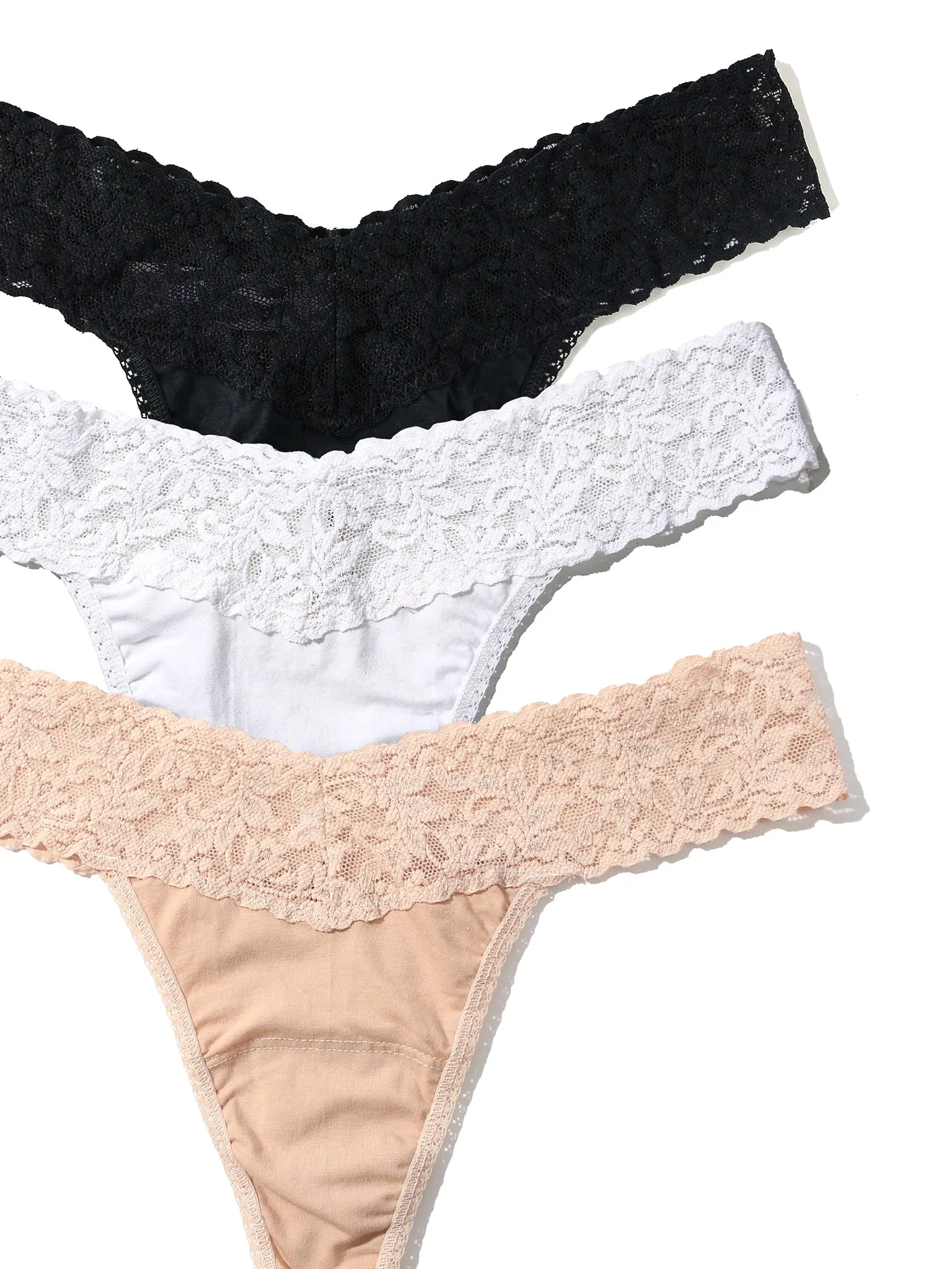 3 Pack Supima® Cotton Original Rise Thongs with Lace Black/White/Chai