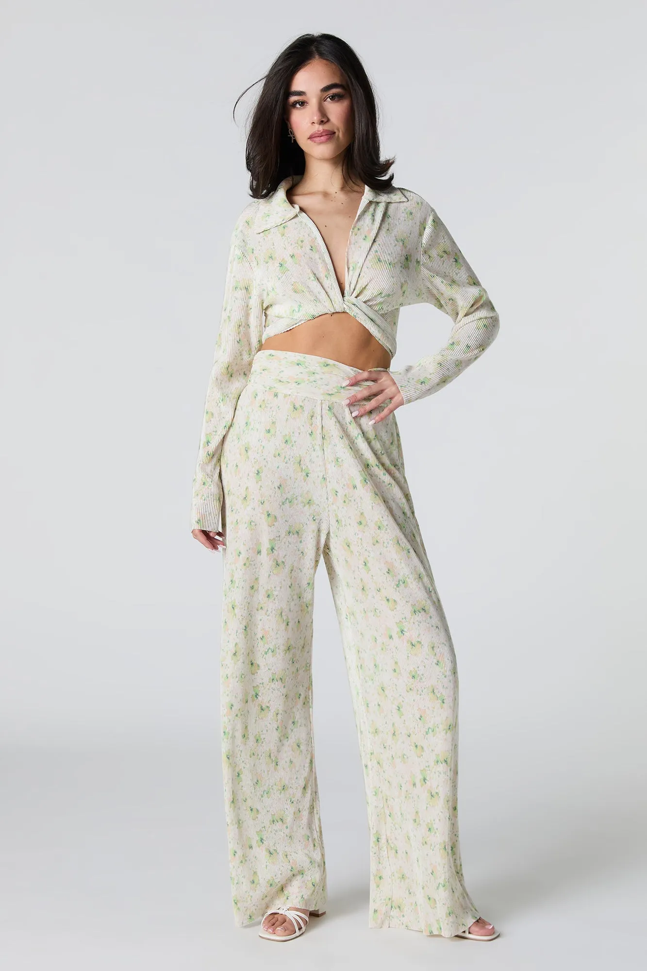 Accordion Pleated Tie Back Long Sleeve Top
