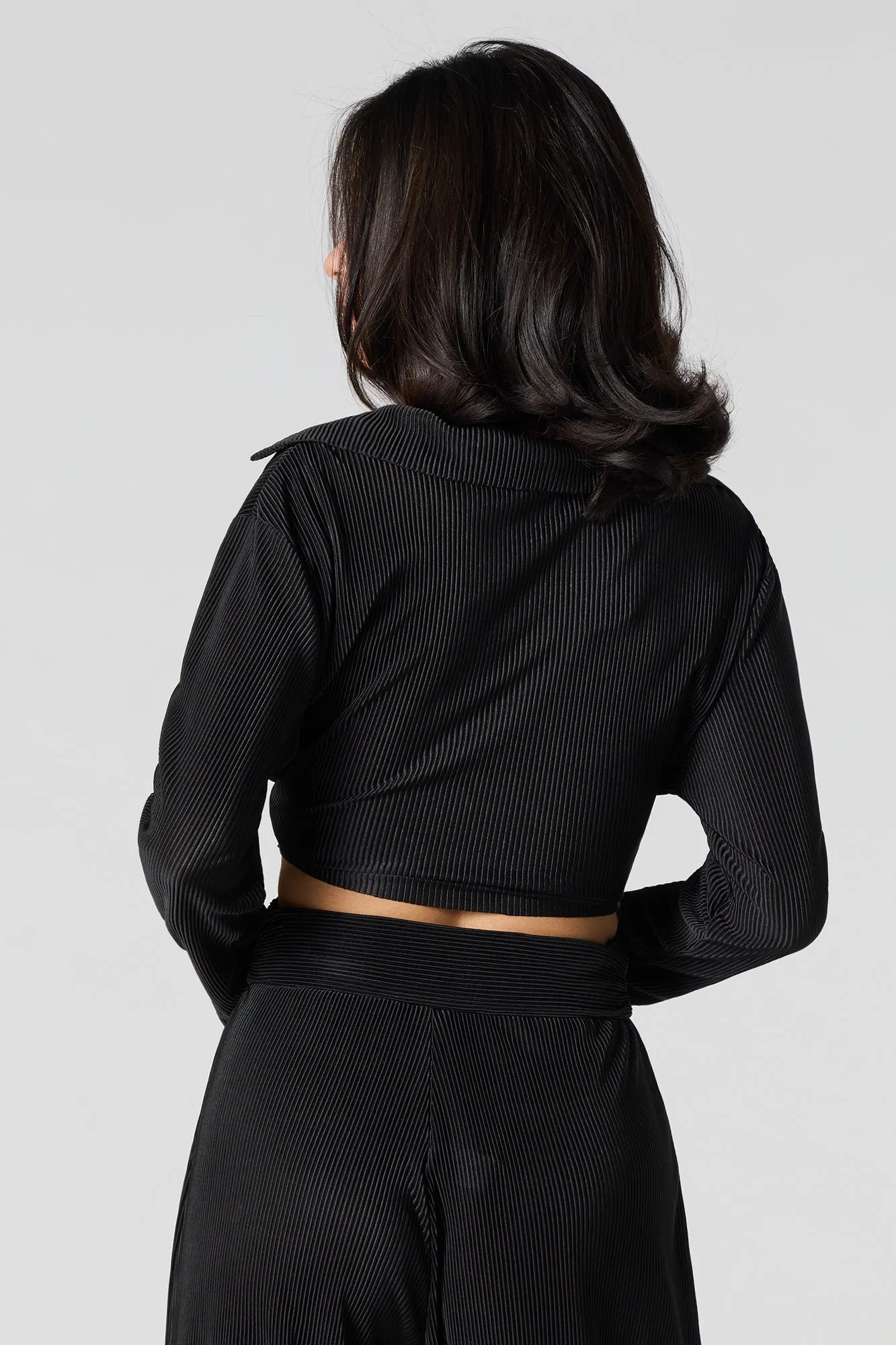 Accordion Pleated Tie Back Long Sleeve Top