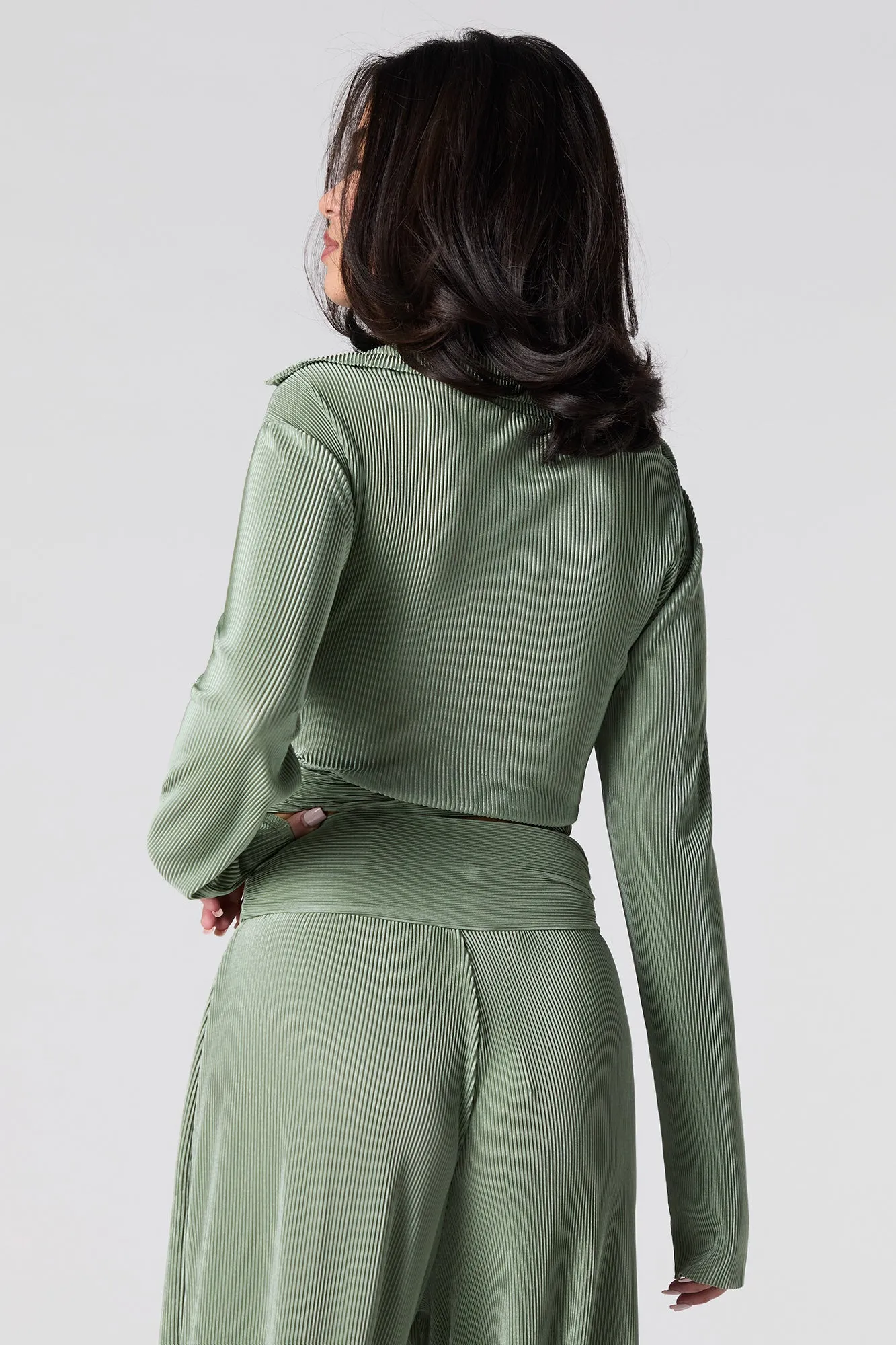 Accordion Pleated Tie Back Long Sleeve Top