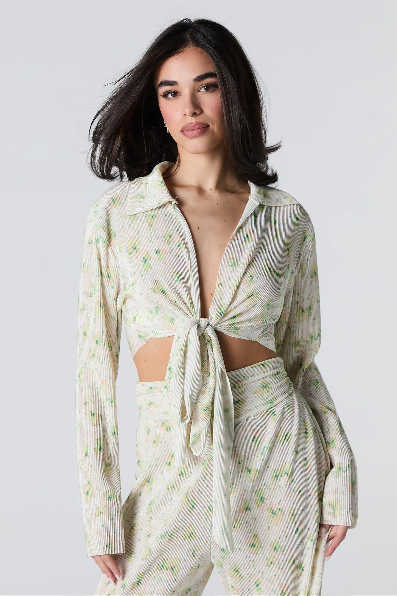 Accordion Pleated Tie Back Long Sleeve Top
