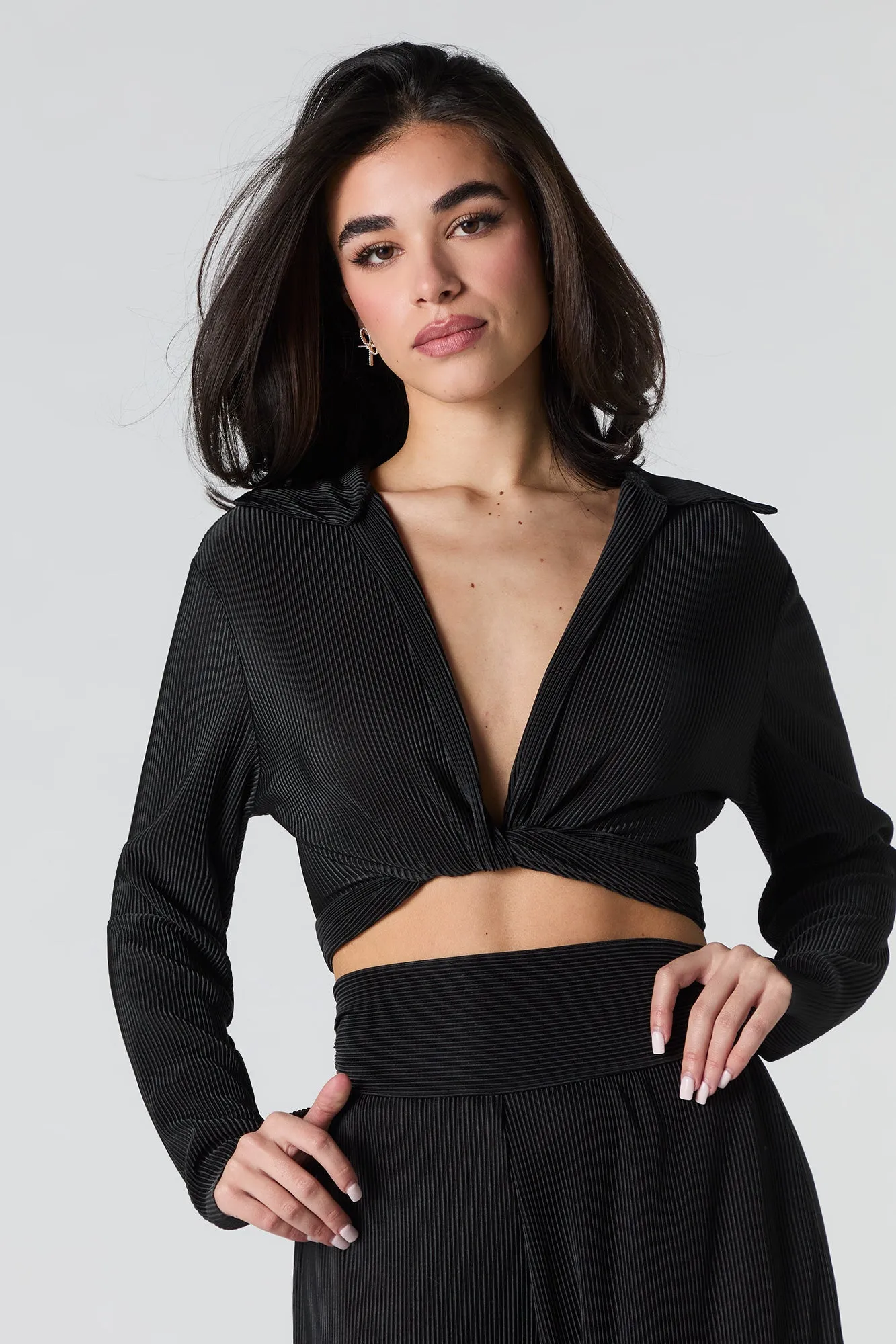 Accordion Pleated Tie Back Long Sleeve Top