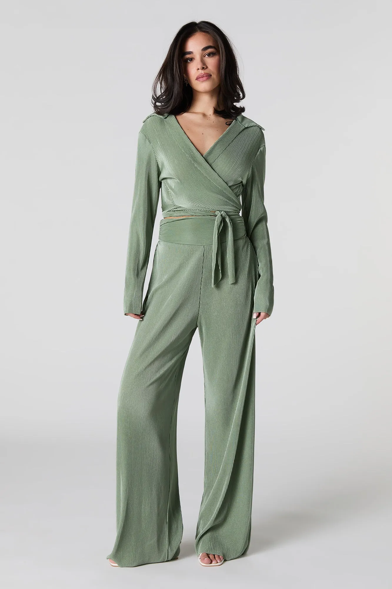 Accordion Pleated Tie Back Long Sleeve Top