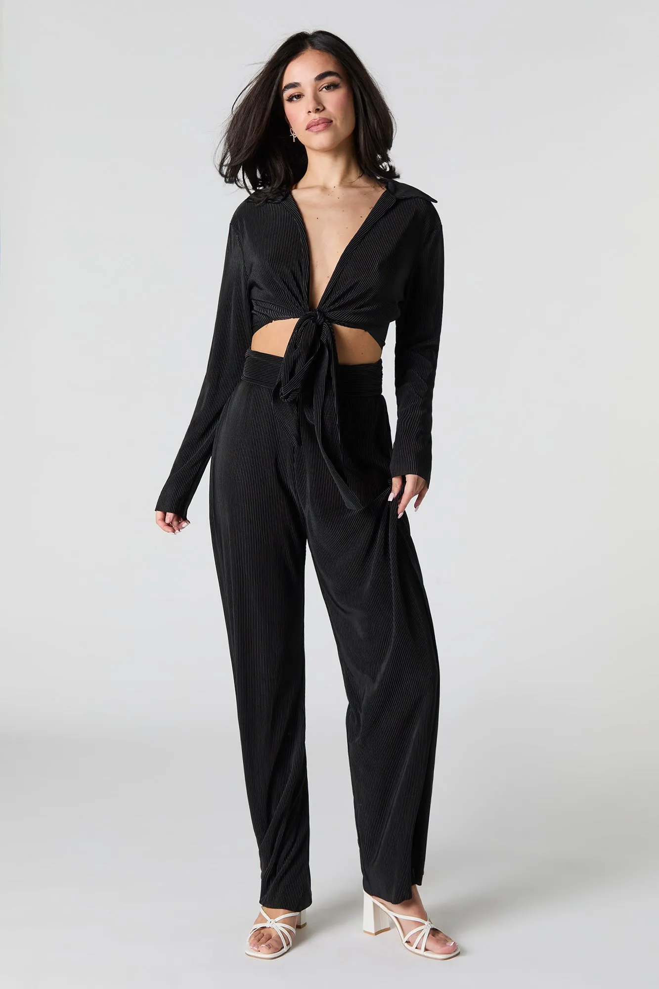 Accordion Pleated Tie Back Long Sleeve Top
