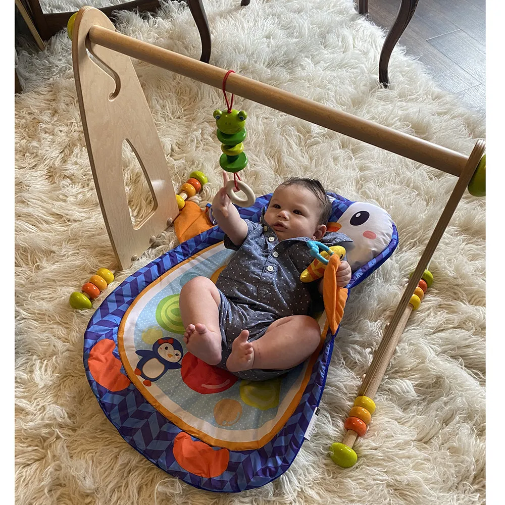 Adjustable Wooden Infant Play Gym with Frog Pull Toy | Perfect for Tummy Time & Floor Play