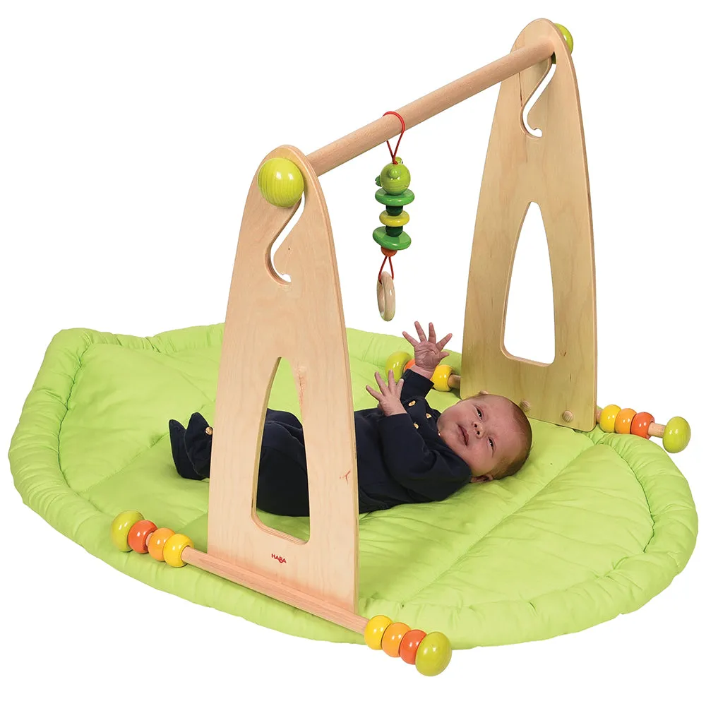 Adjustable Wooden Infant Play Gym with Frog Pull Toy | Perfect for Tummy Time & Floor Play