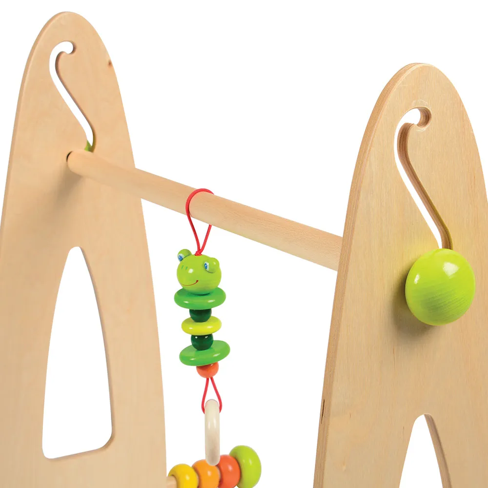 Adjustable Wooden Infant Play Gym with Frog Pull Toy | Perfect for Tummy Time & Floor Play