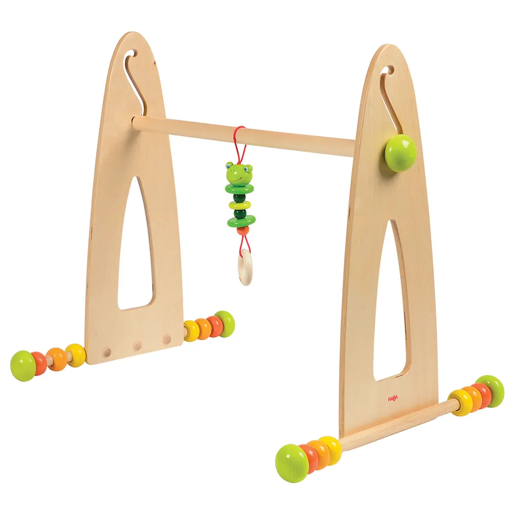 Adjustable Wooden Infant Play Gym with Frog Pull Toy | Perfect for Tummy Time & Floor Play