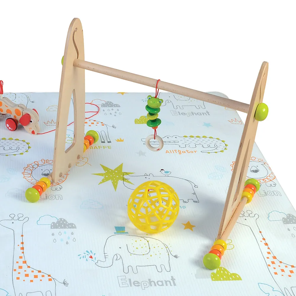 Adjustable Wooden Infant Play Gym with Frog Pull Toy | Perfect for Tummy Time & Floor Play