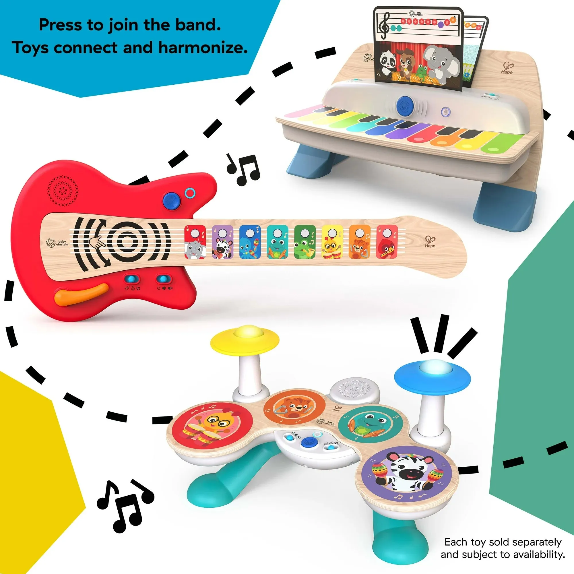Baby Einstein 12863 Together in Tune Piano & Guitar Bundle, Wireless Wooden Musical Toddler Toys, 6 Months 