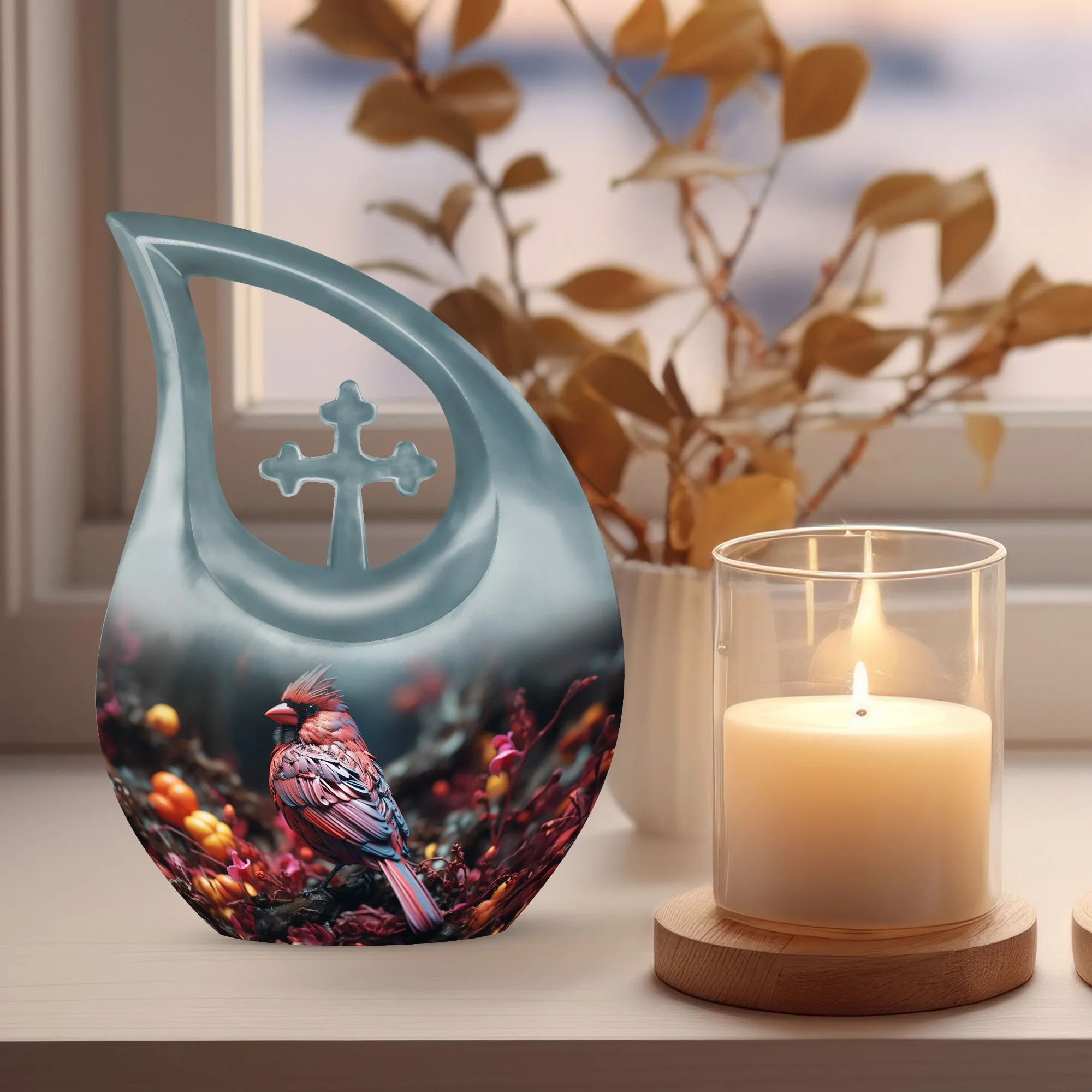 Cardinal Bird Urn:  Container For Cremated Adult Human Ashes