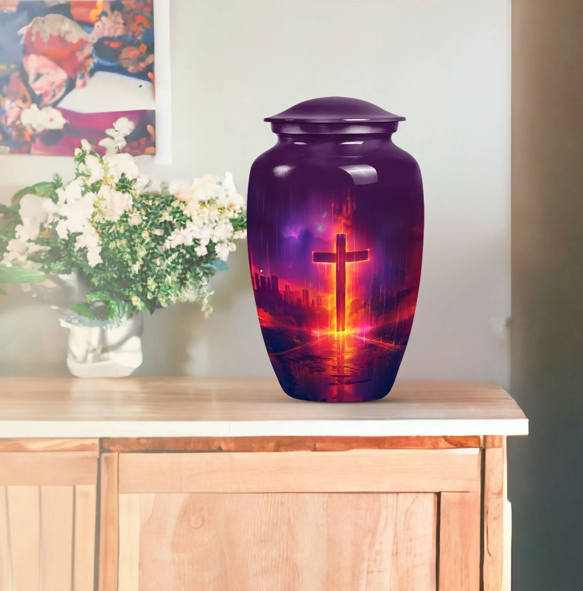 Classic Aurora Borealis Cross Urn - Cremation Solution for Men