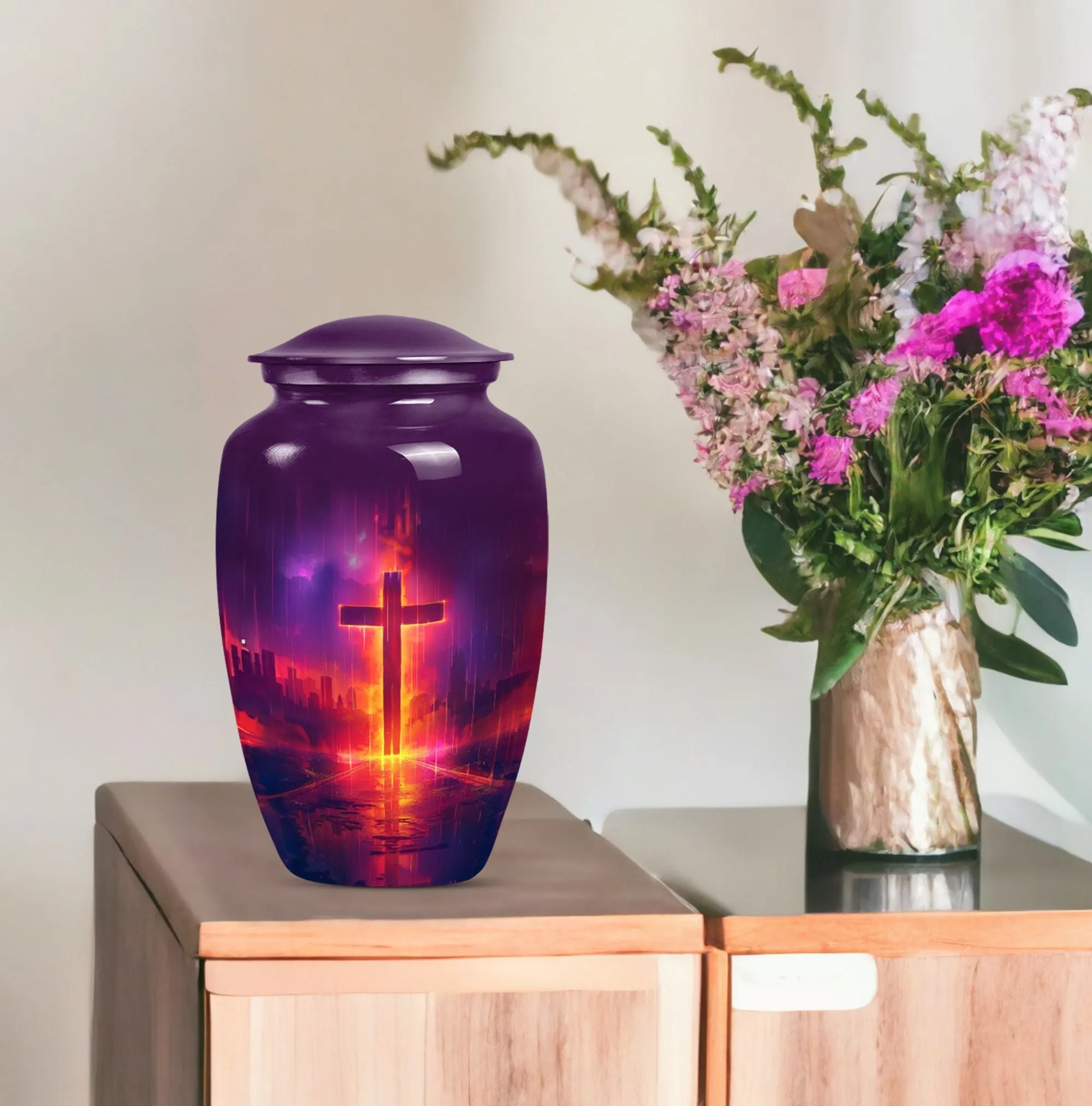 Classic Aurora Borealis Cross Urn - Cremation Solution for Men