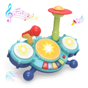 Contixo Blue Kids Drum Set, Musical Instrument with Light & Sound Effects