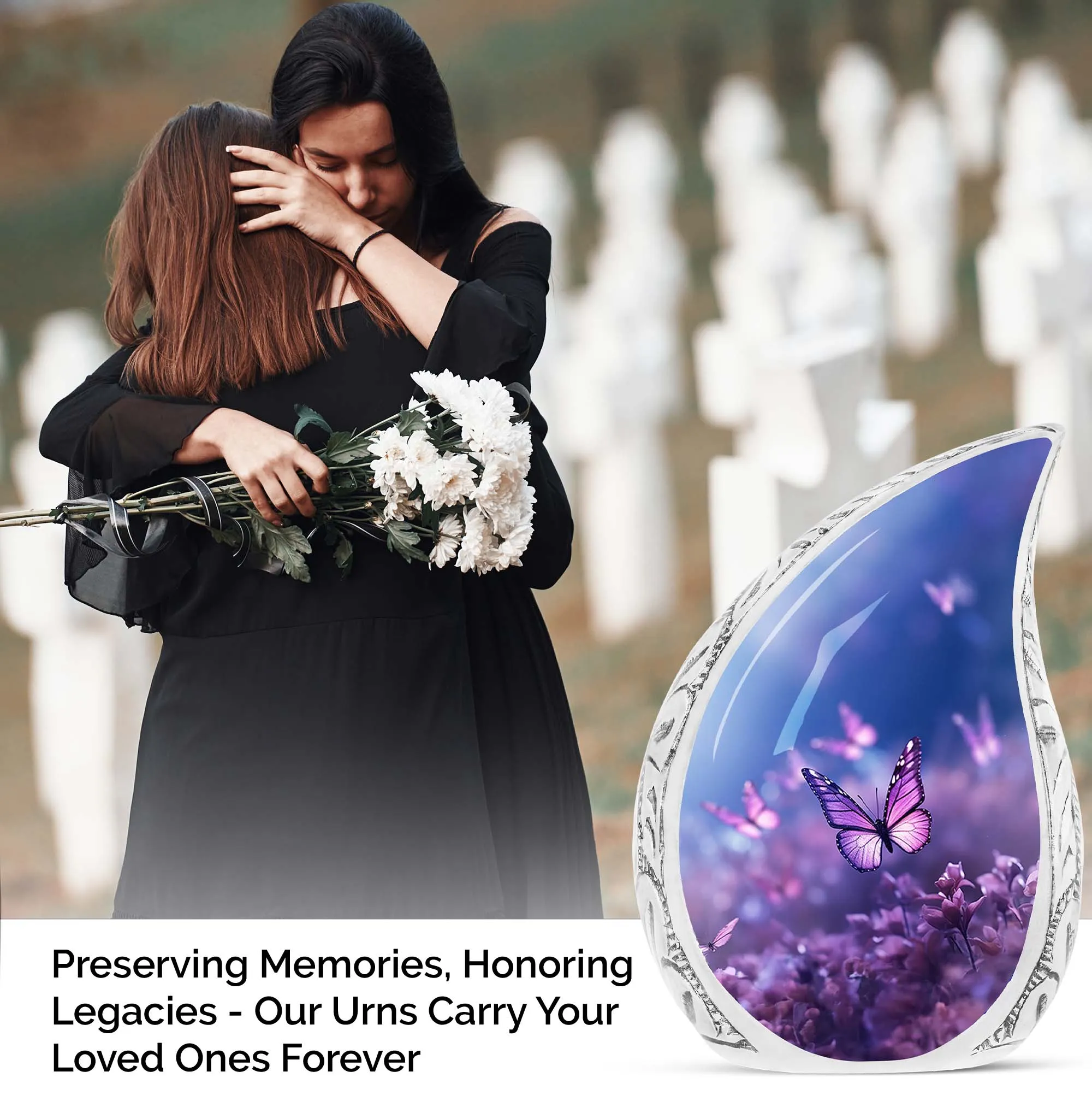 Cremation Urns: Purple Butterflies On Meadow - Large Urns For Women's Ashes