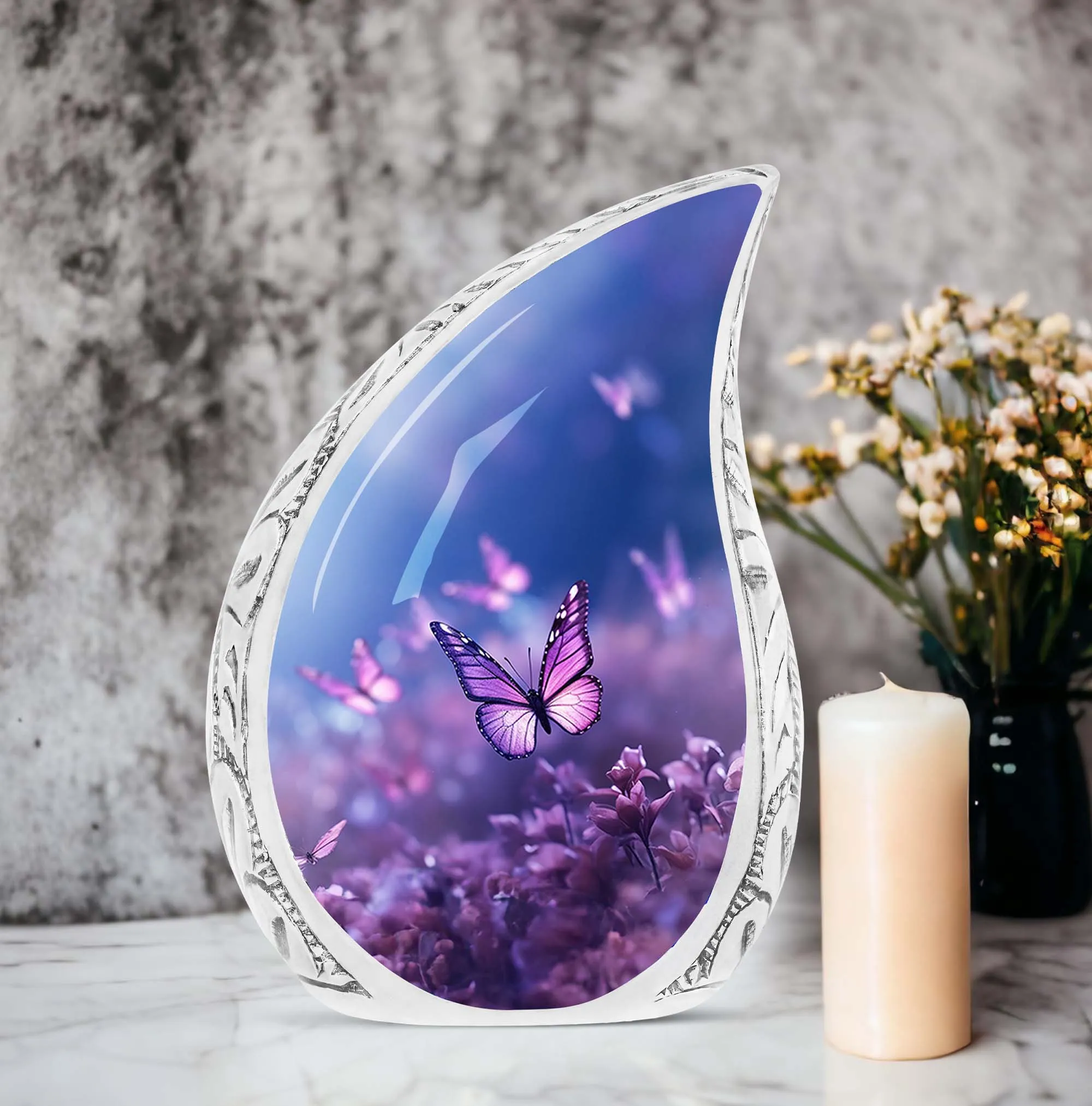 Cremation Urns: Purple Butterflies On Meadow - Large Urns For Women's Ashes