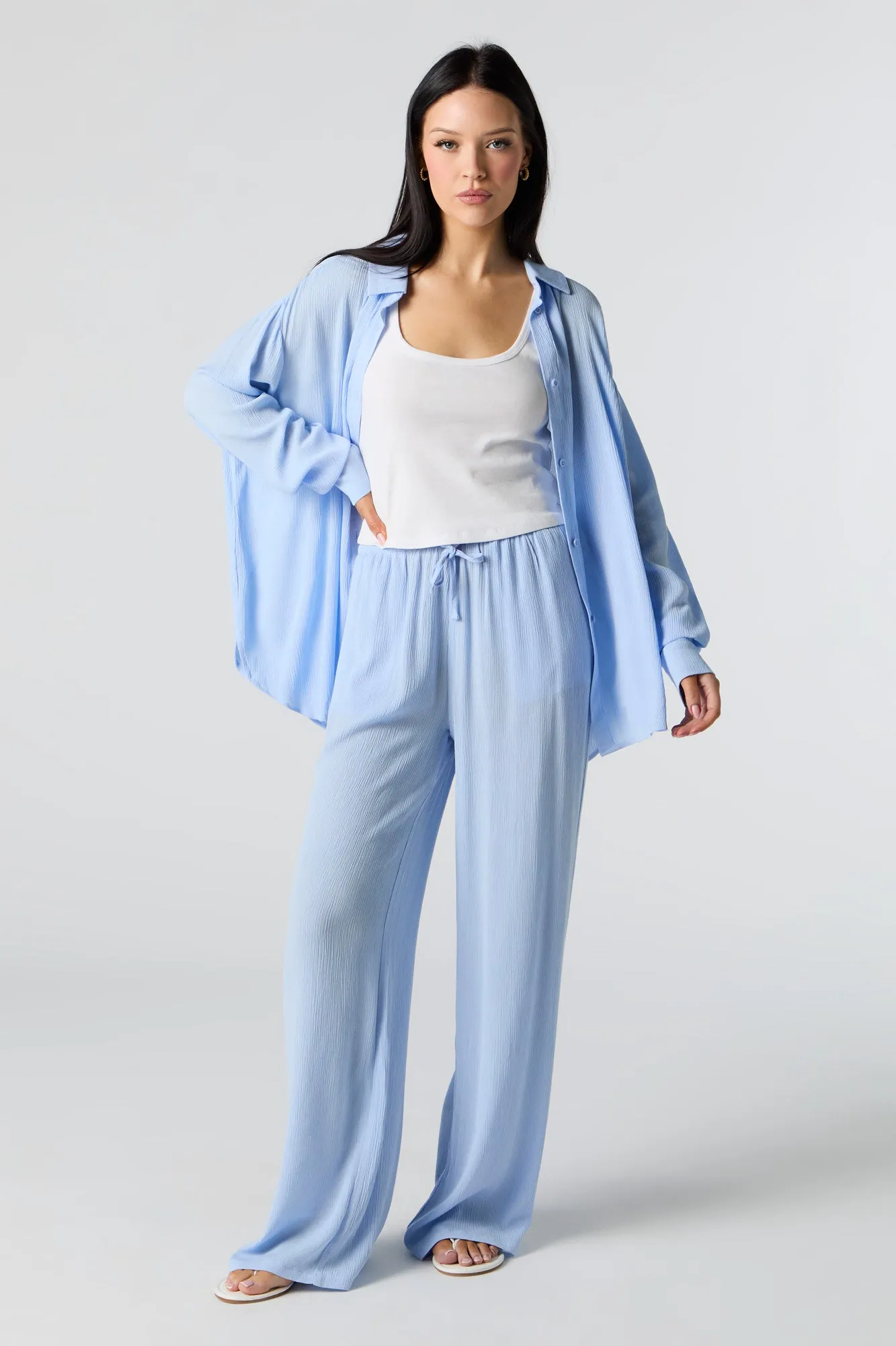 Crinkle Oversized Button-Up Top