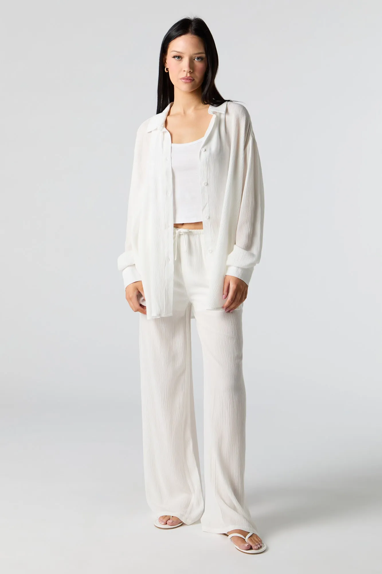 Crinkle Oversized Button-Up Top