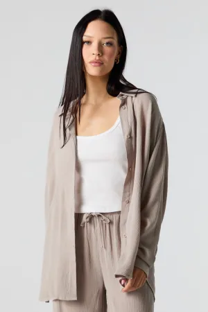Crinkle Oversized Button-Up Top