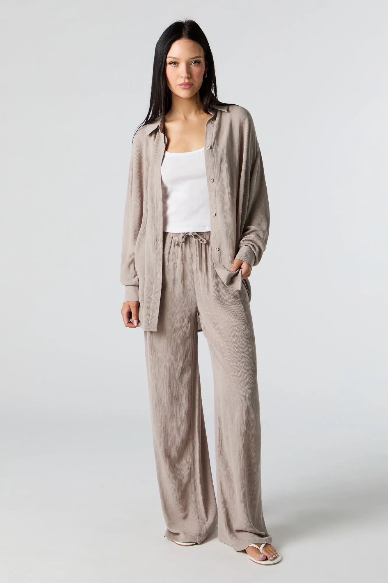 Crinkle Oversized Button-Up Top