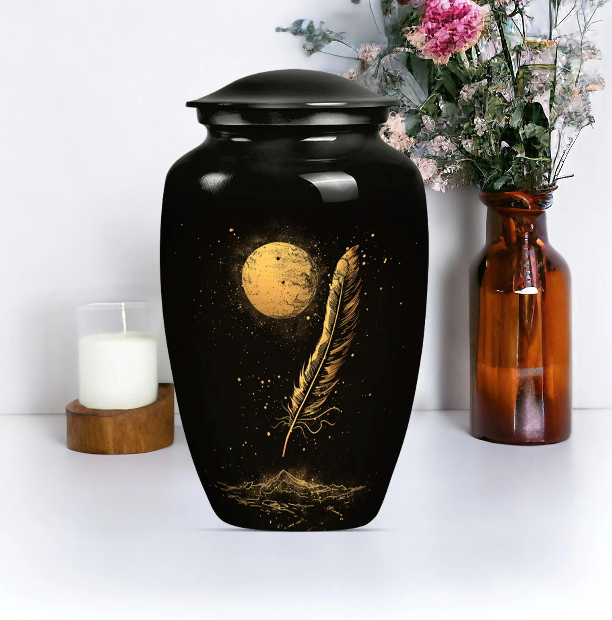 Feathered Tribute: Purple Meadow Memorial Urn for Cherishing Mom