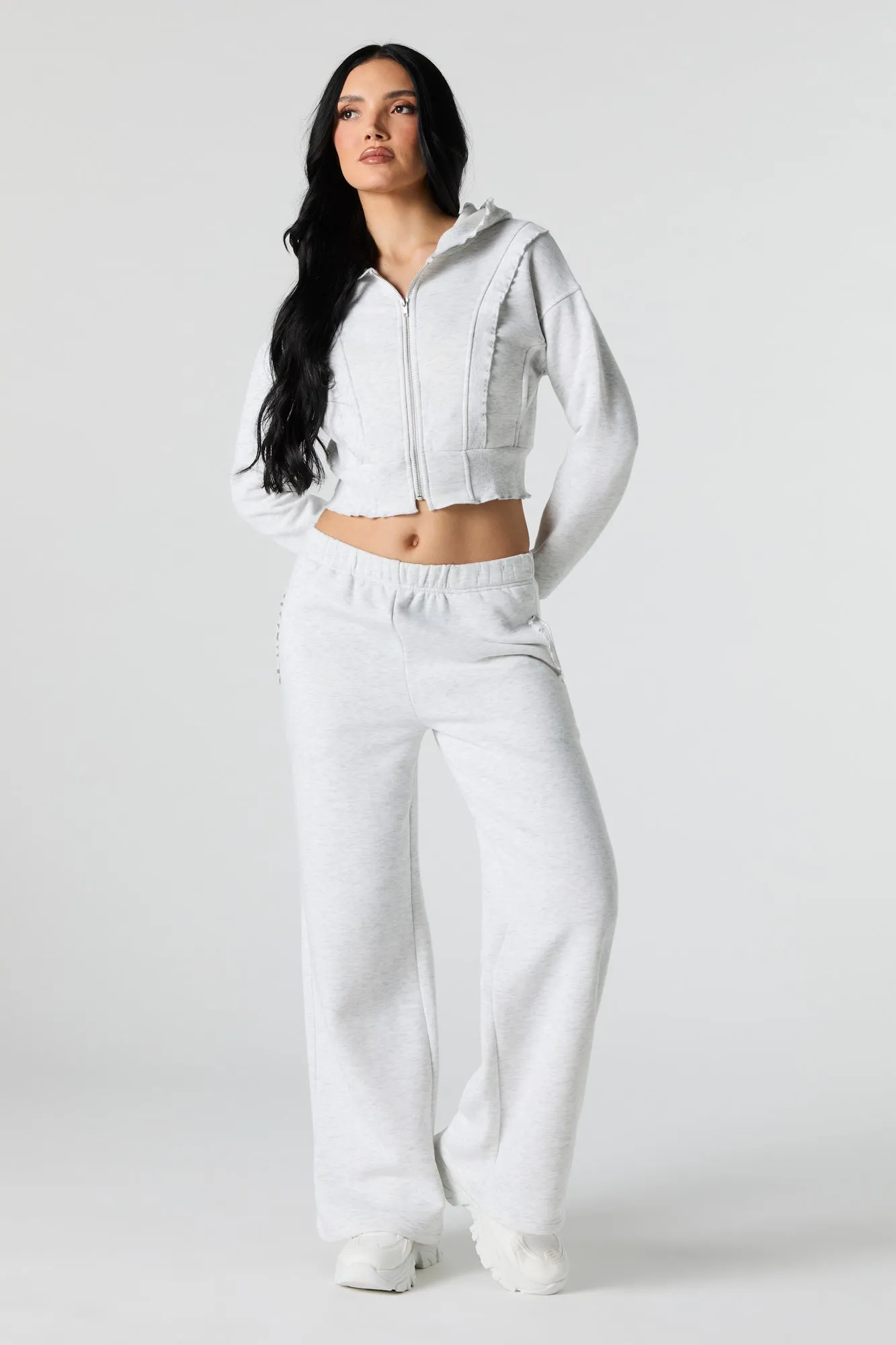 Fleece Ruffle Trim Zip-Up Hoodie