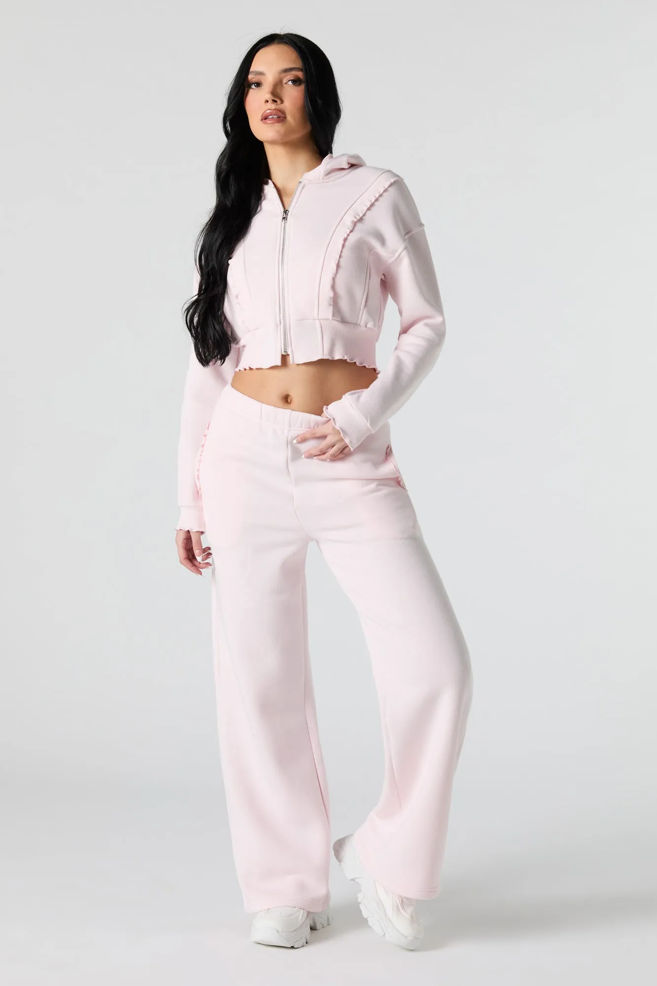 Fleece Ruffle Trim Zip-Up Hoodie