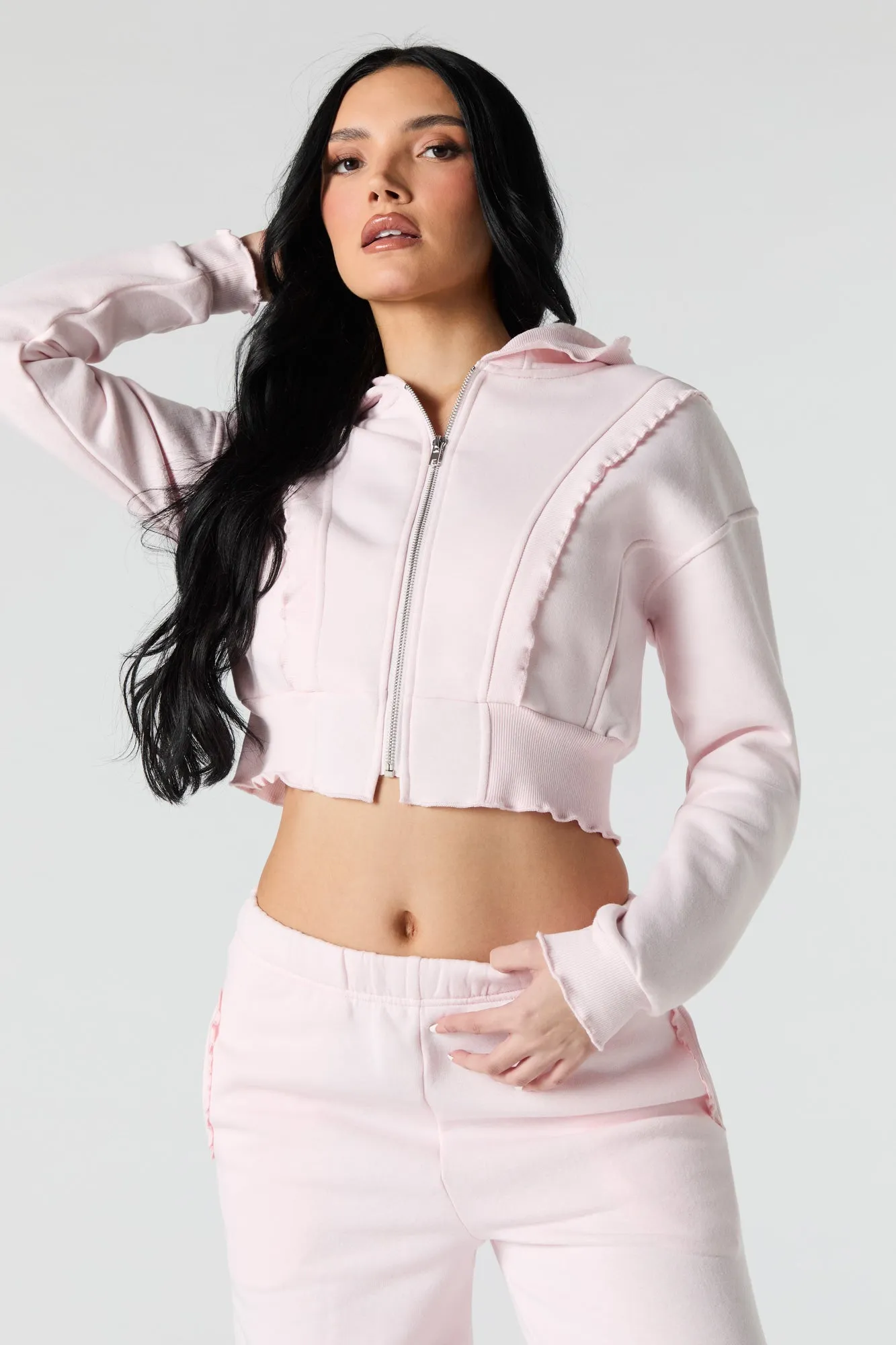 Fleece Ruffle Trim Zip-Up Hoodie