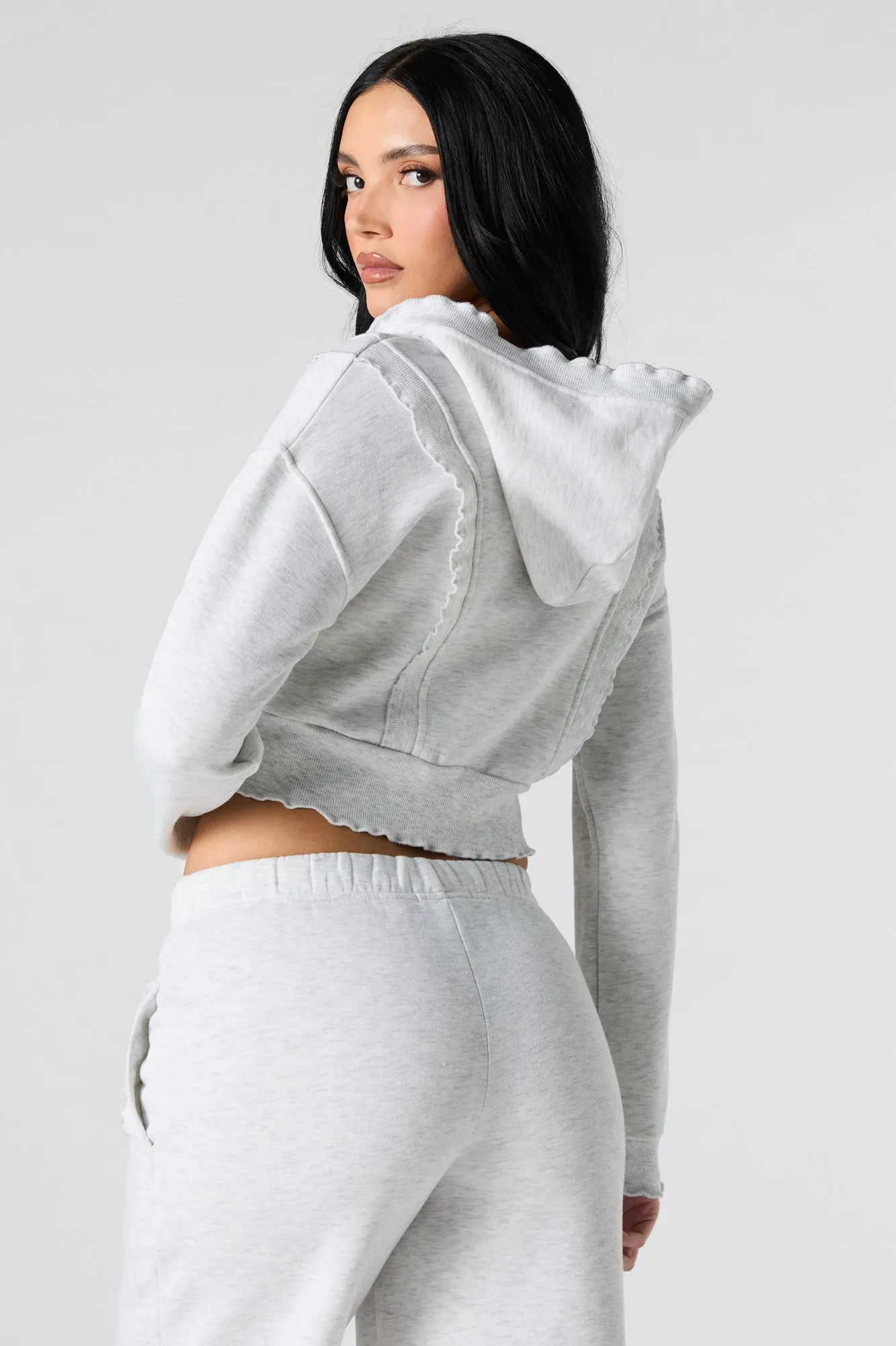 Fleece Ruffle Trim Zip-Up Hoodie