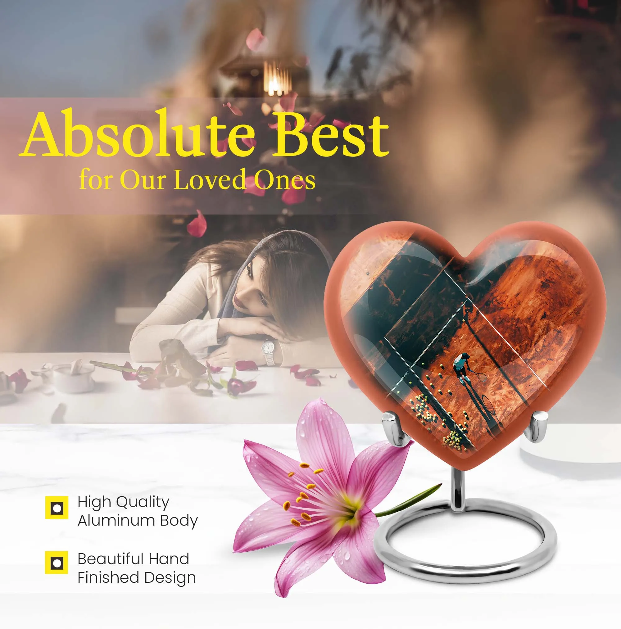 Forever Cremation Tennis Urn: A memorial heart designed with Purple Meadow Theme