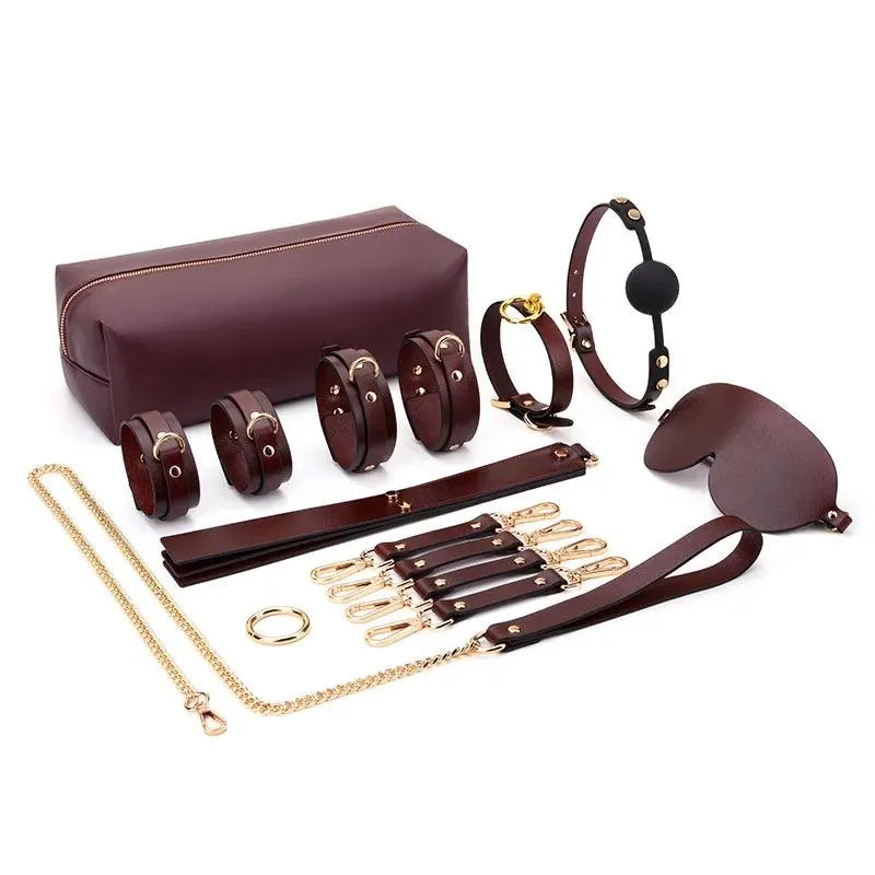 Genuine Leather Bondage Kits Sex Toys Sex Game for Couples Handcuff Ankle Cuffs Collar Gag Hogtie