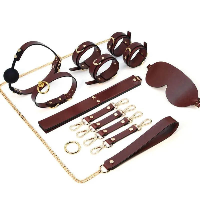 Genuine Leather Bondage Kits Sex Toys Sex Game for Couples Handcuff Ankle Cuffs Collar Gag Hogtie