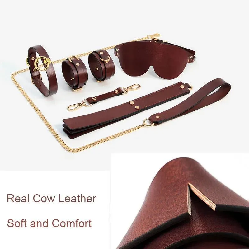 Genuine Leather Bondage Kits Sex Toys Sex Game for Couples Handcuff Ankle Cuffs Collar Gag Hogtie