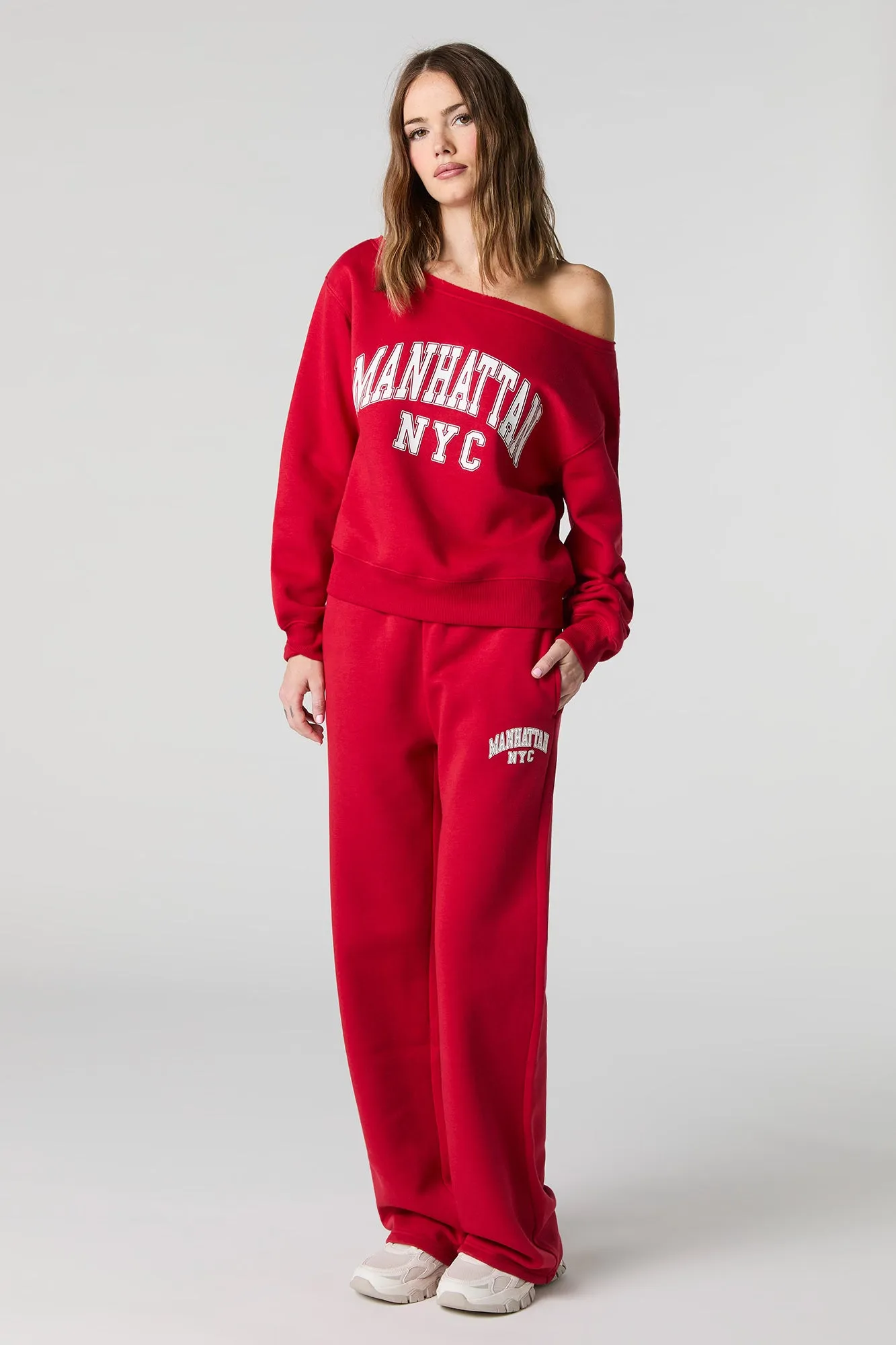 HD Print Off Shoulder Fleece Sweatshirt