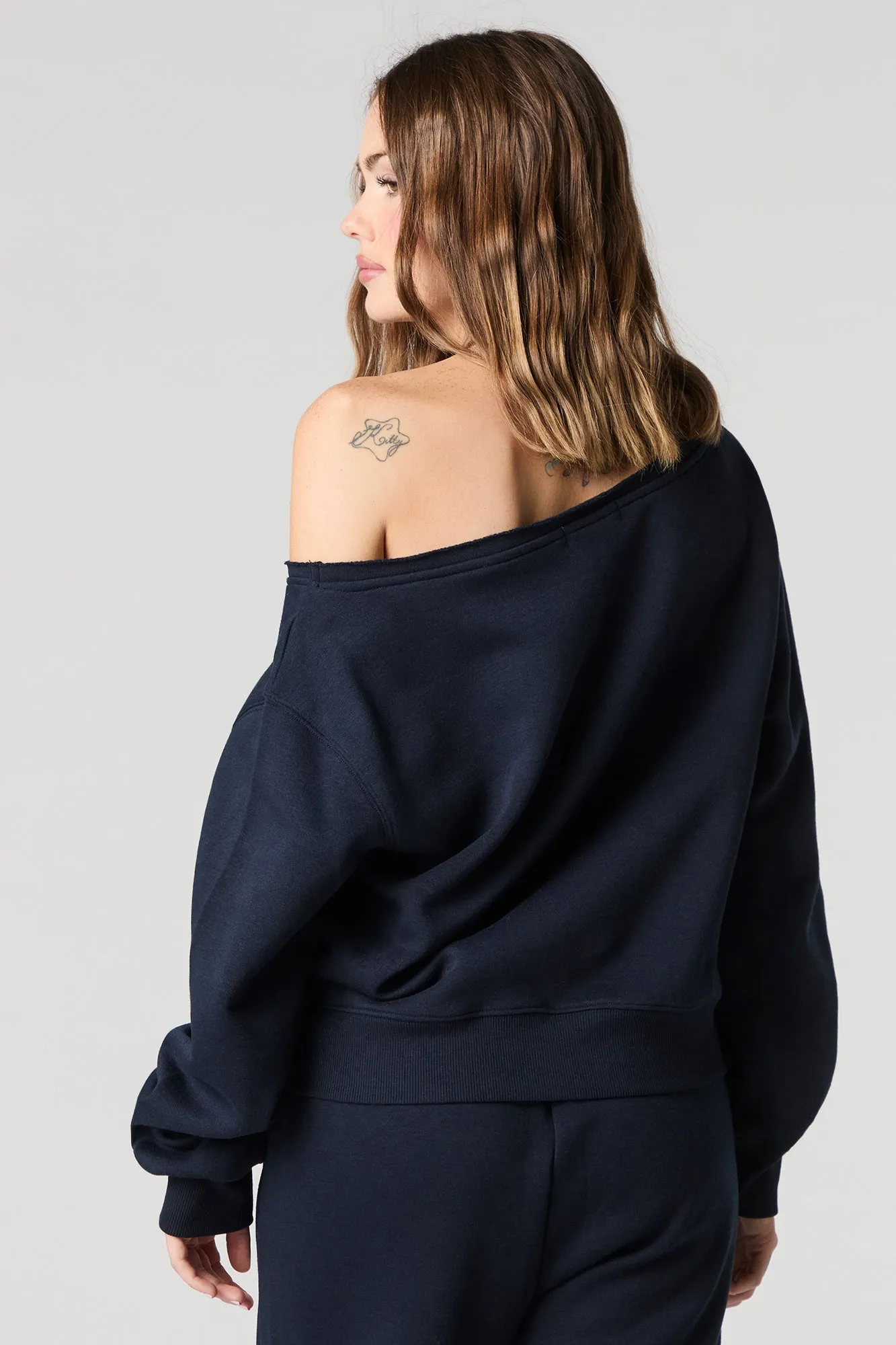 HD Print Off Shoulder Fleece Sweatshirt