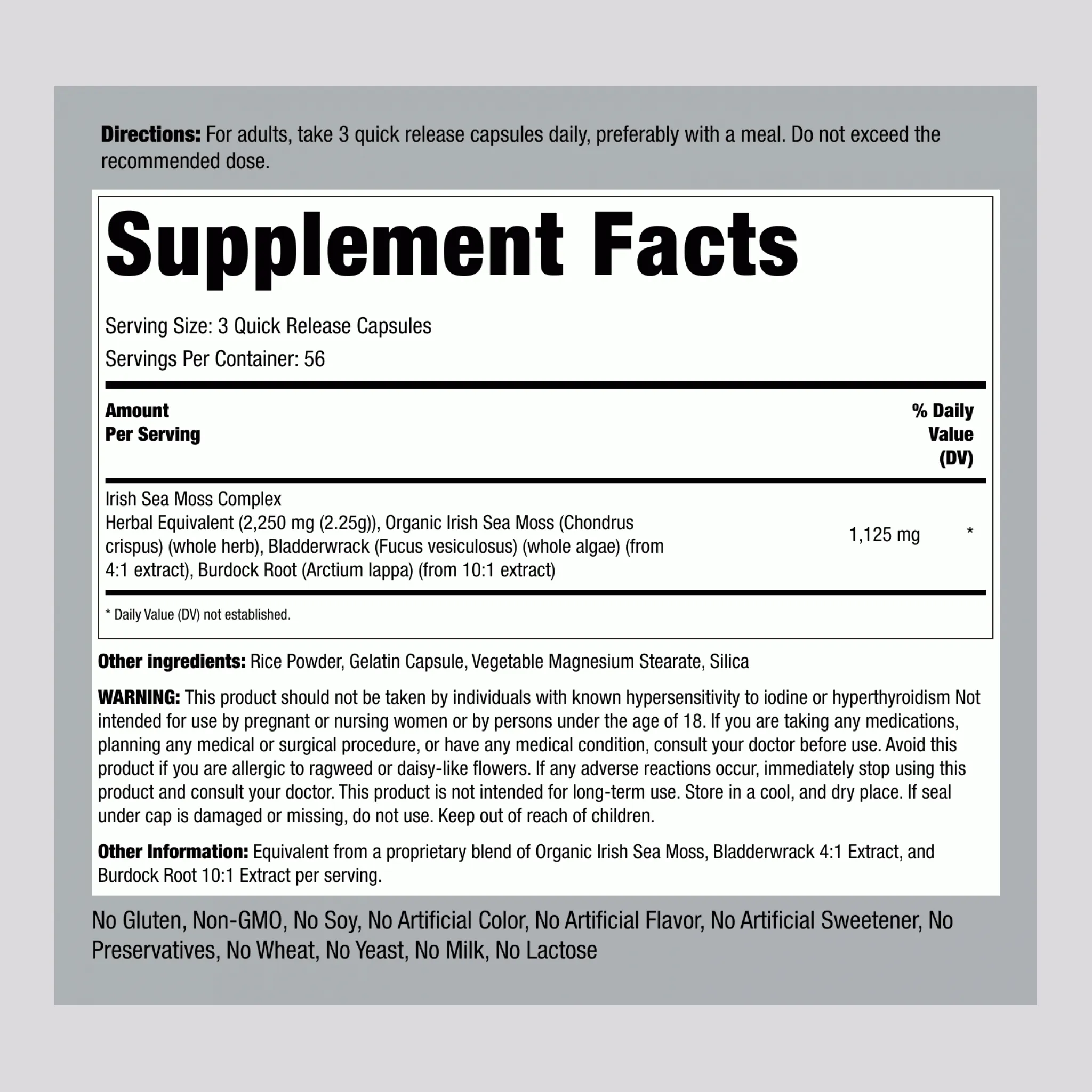 Irish Sea Moss Complex with Bladderwrack & Burdock Root, 2250 mg (per serving), 170 Quick Release Capsules, 2  Bottles