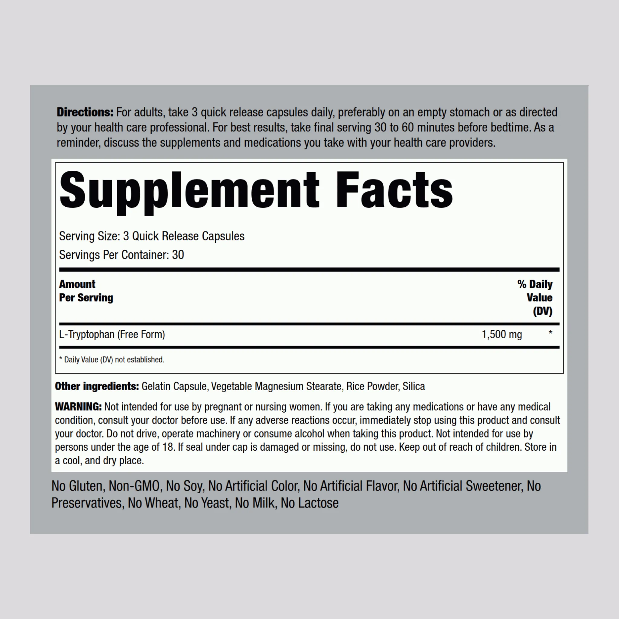 L-Tryptophan, 1500 mg (per serving), 90 Quick Release Capsules, 2  Bottles