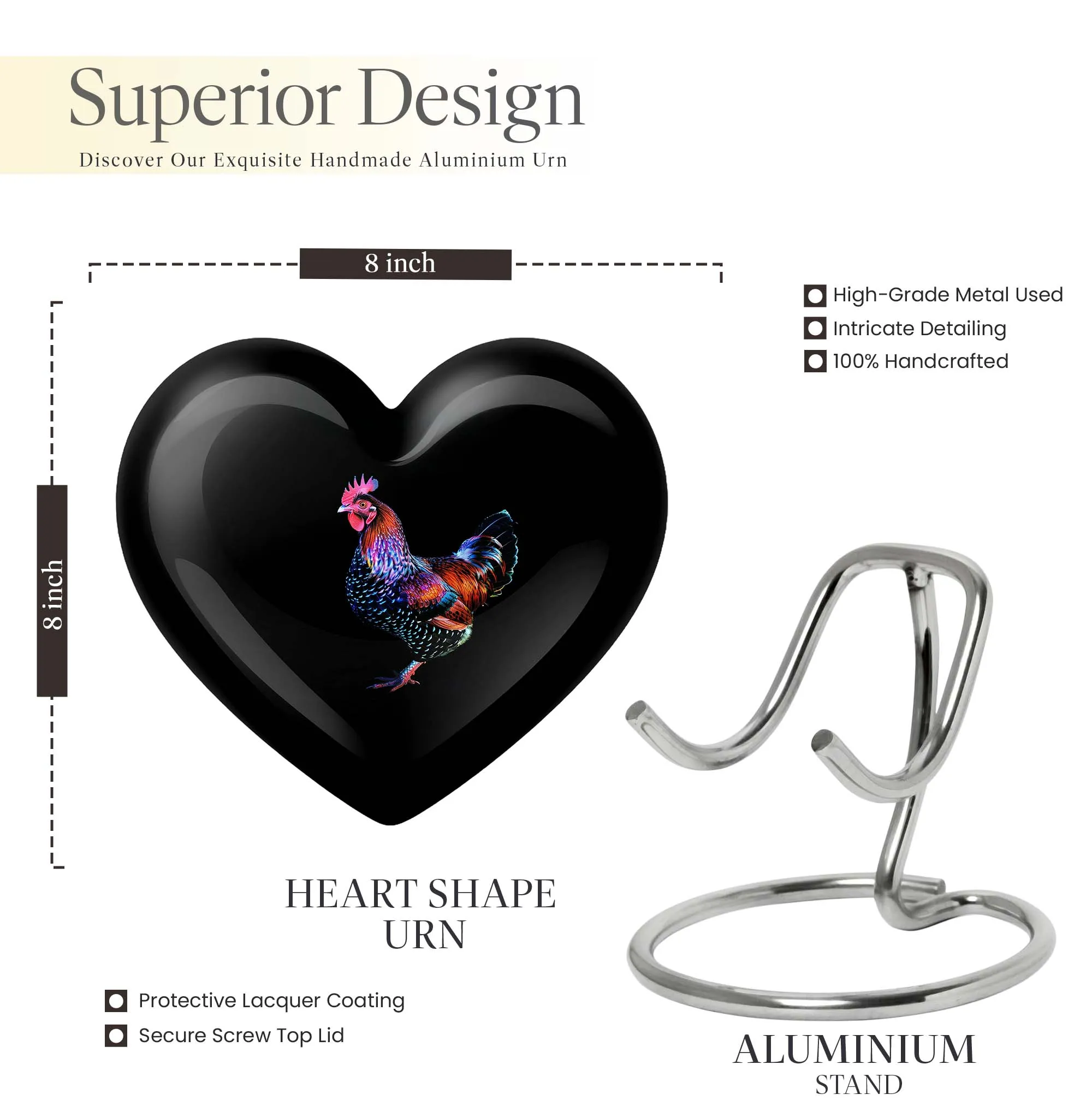 Large Chicken Urn - Distinct Heart Shaped Memorial Urn