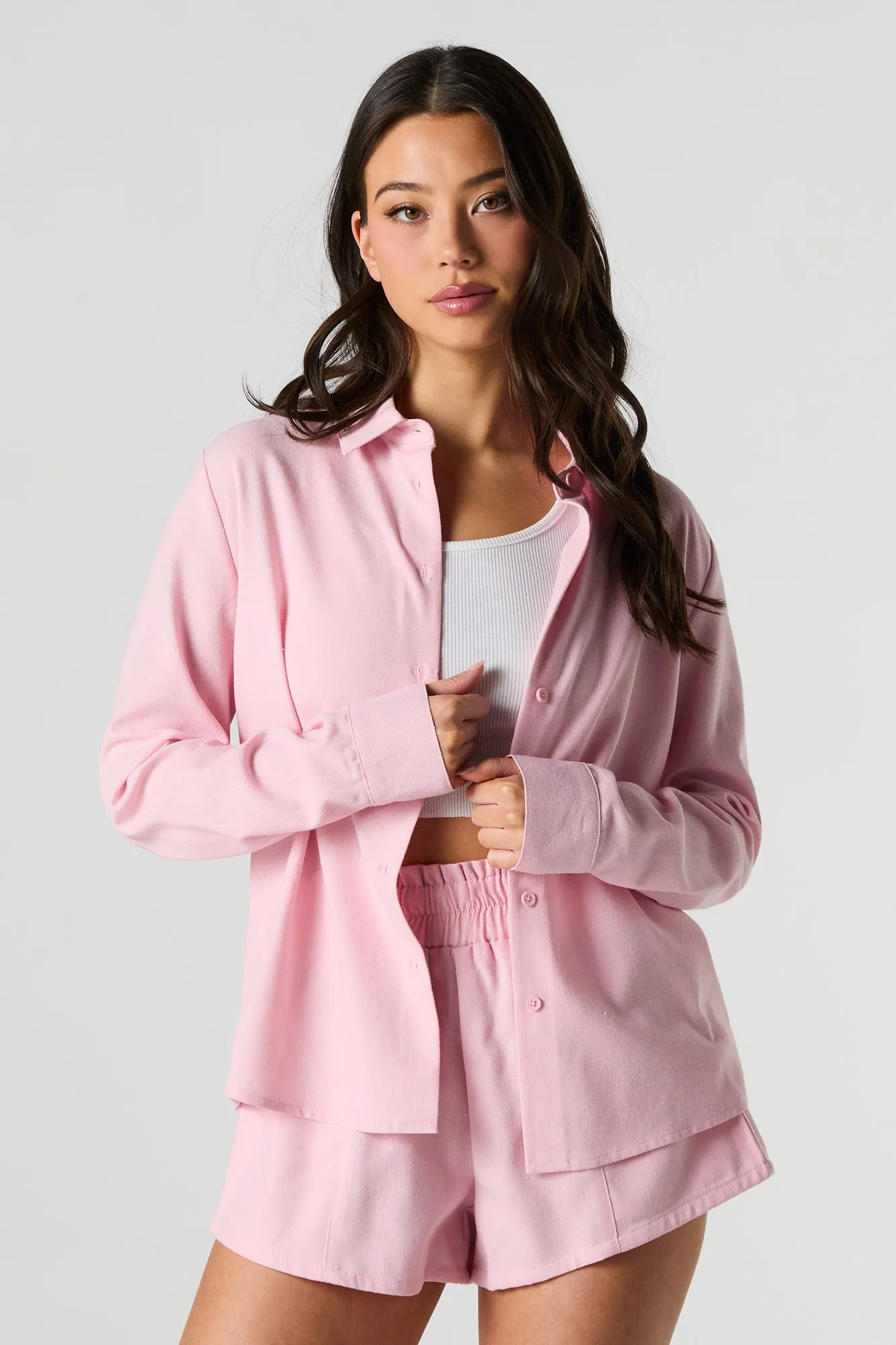Linen-Blend Button-Up Long Sleeve Top