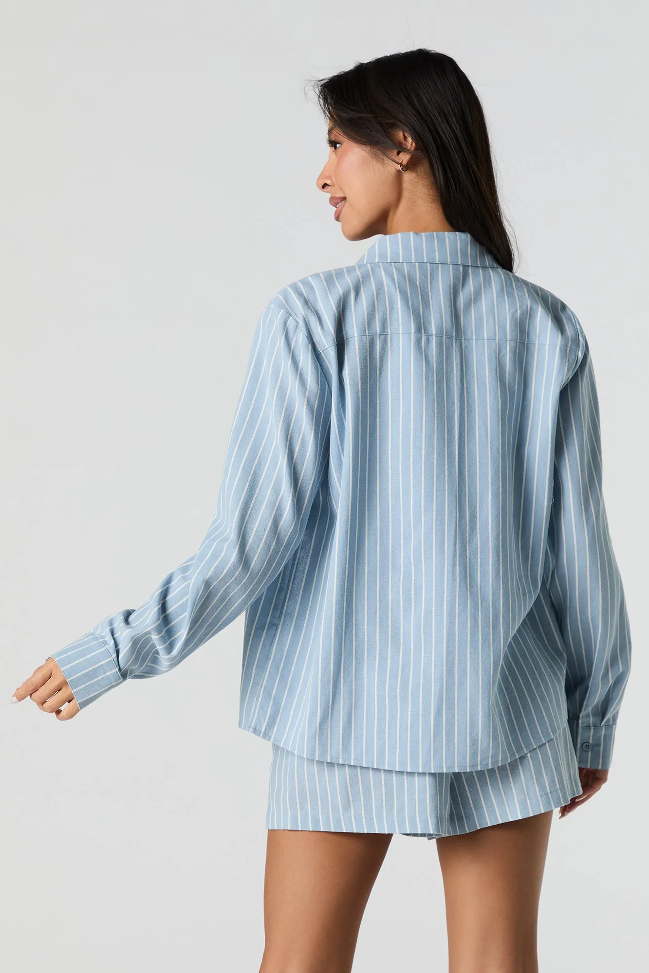 Linen-Blend Button-Up Long Sleeve Top