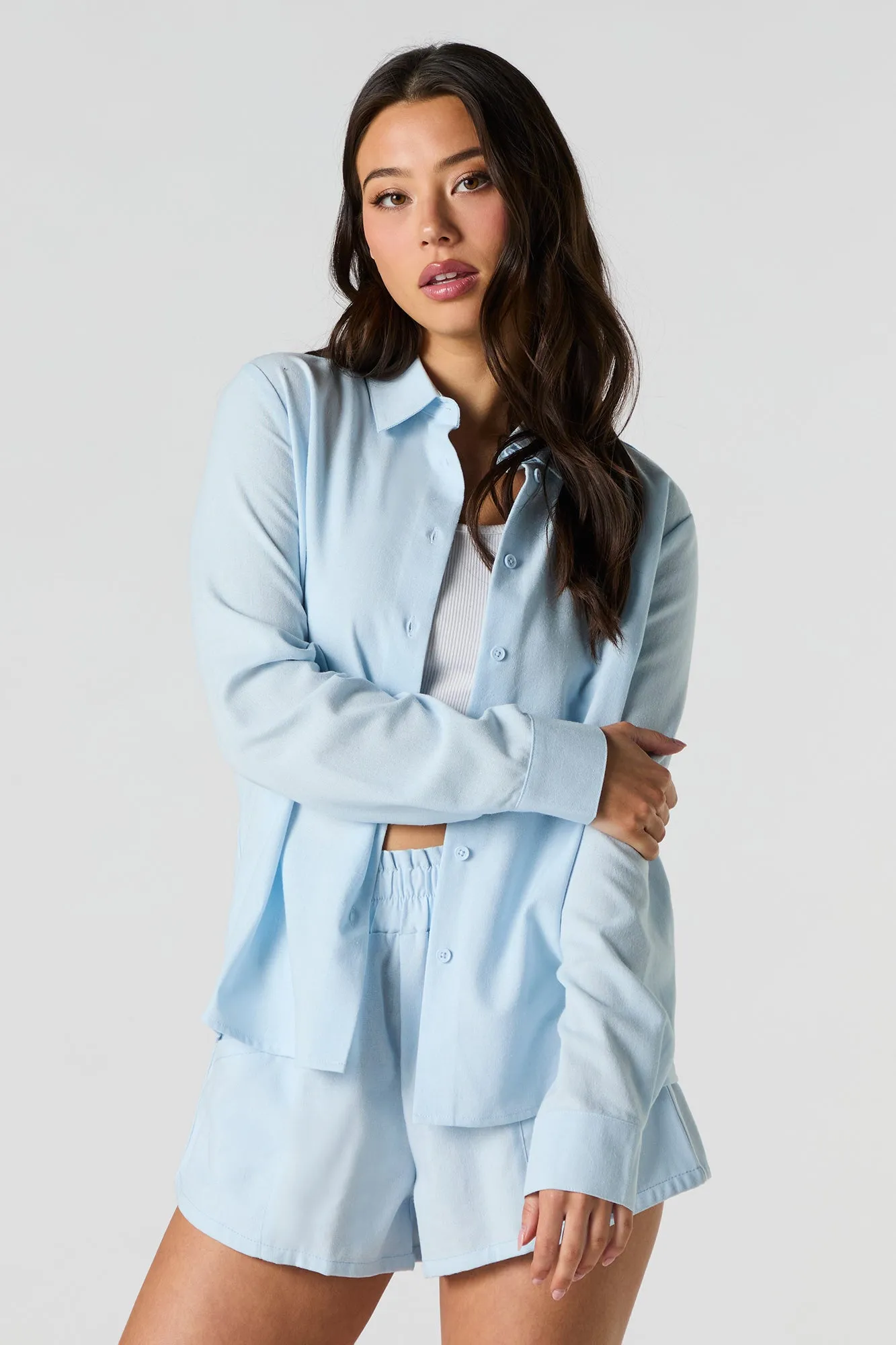 Linen-Blend Button-Up Long Sleeve Top
