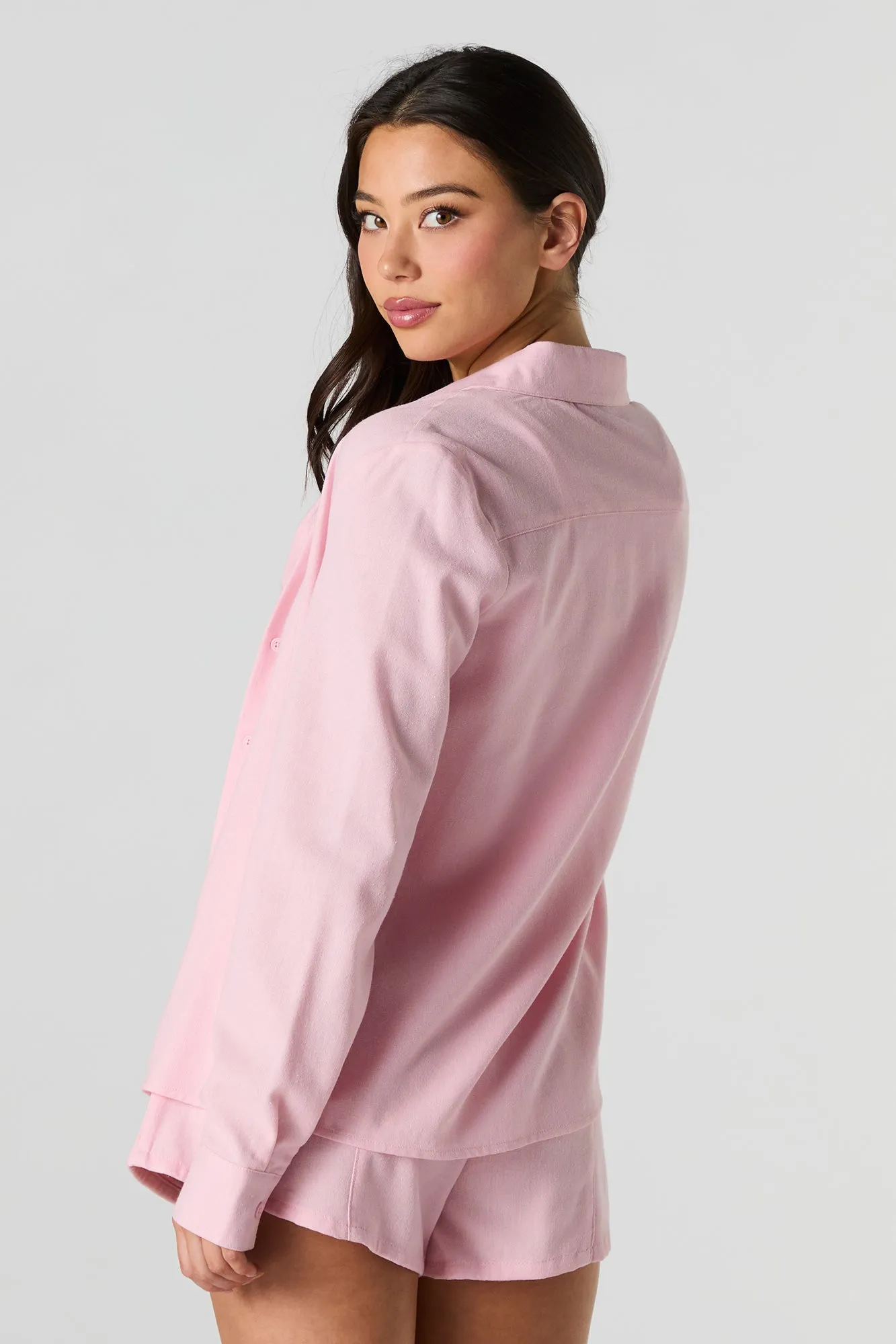 Linen-Blend Button-Up Long Sleeve Top