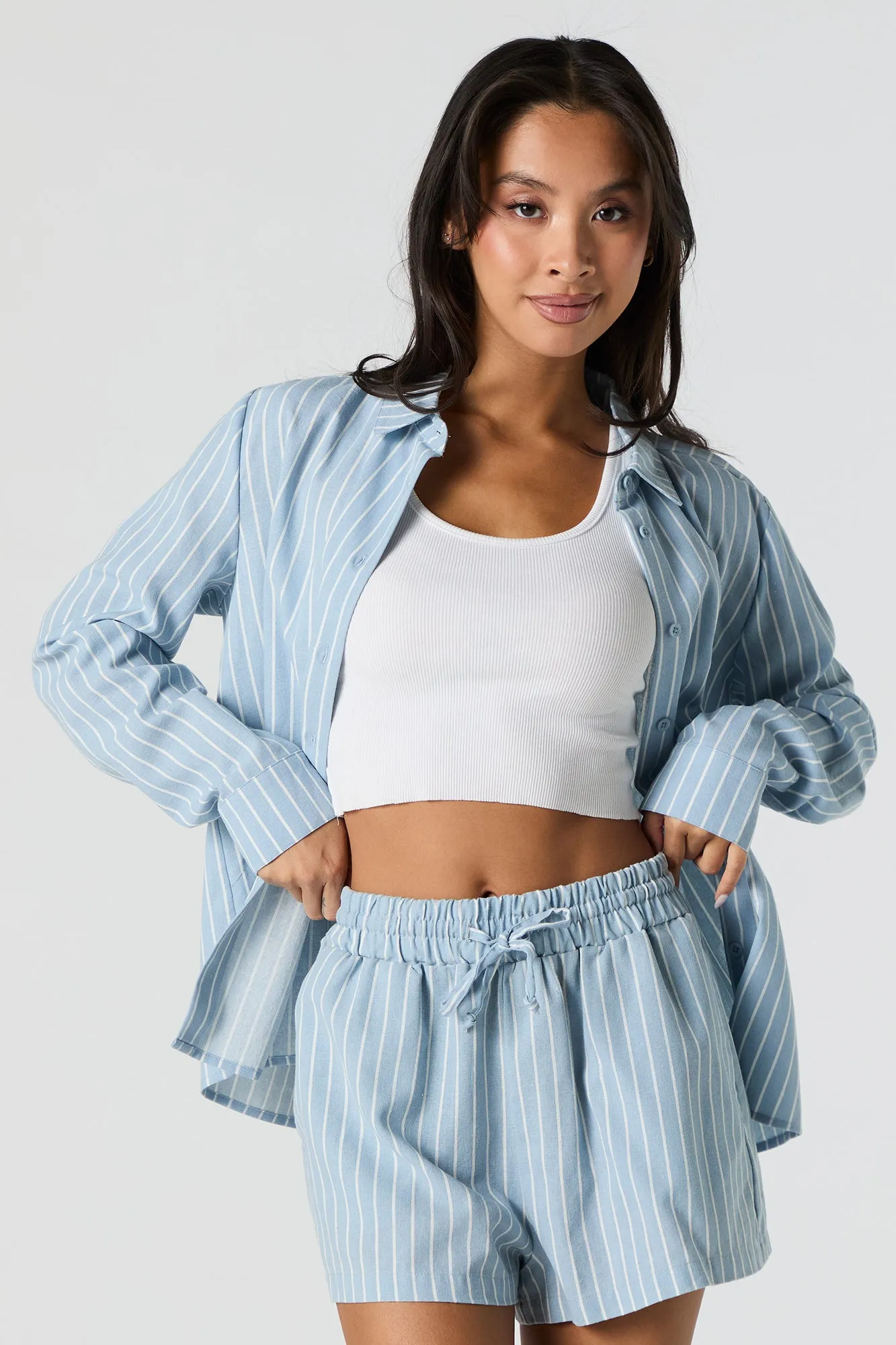 Linen-Blend Button-Up Long Sleeve Top