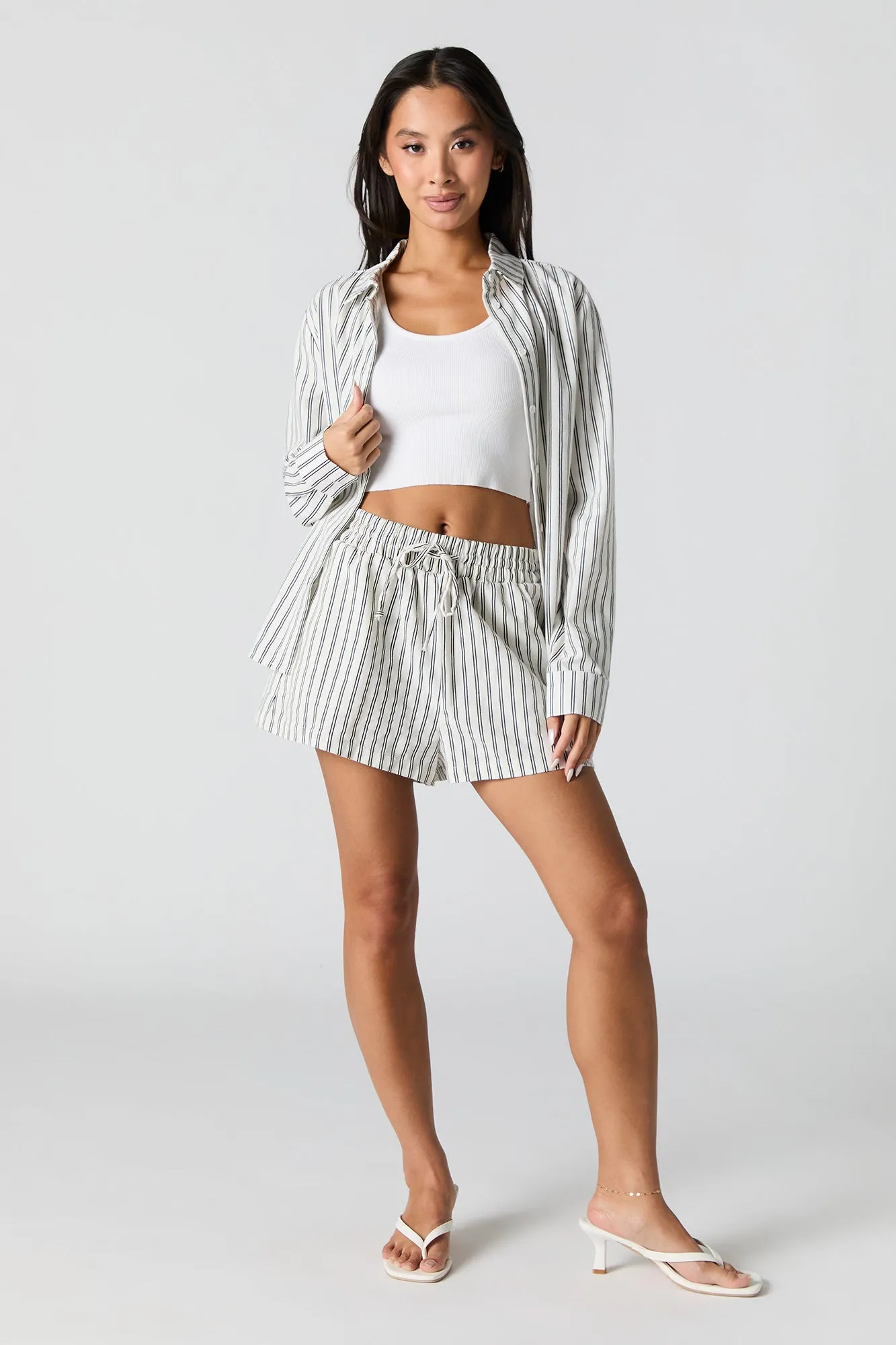 Linen-Blend Button-Up Long Sleeve Top