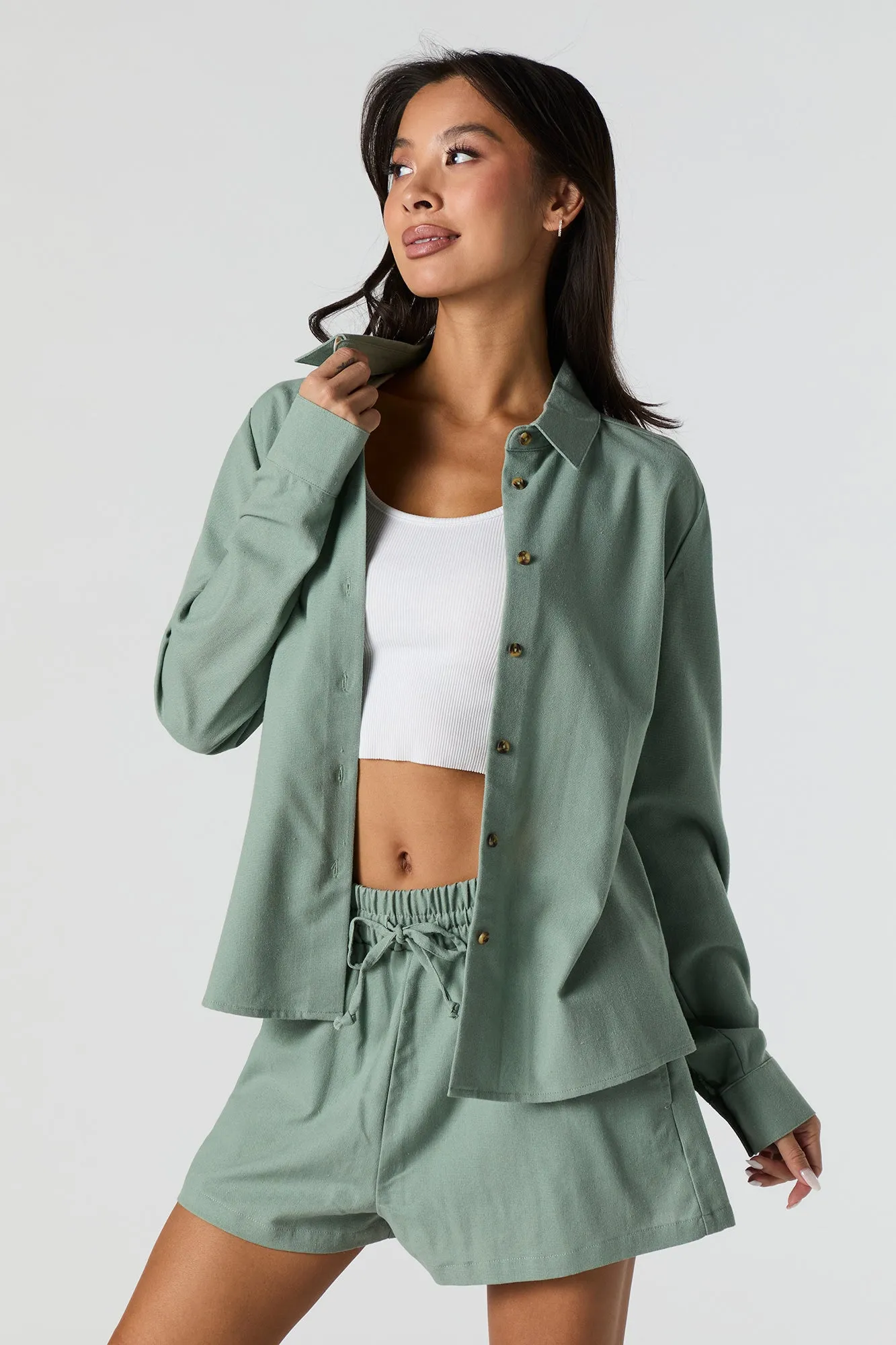 Linen-Blend Button-Up Long Sleeve Top