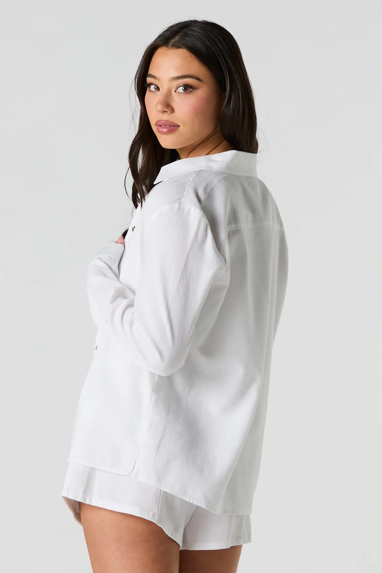 Linen-Blend Button-Up Long Sleeve Top