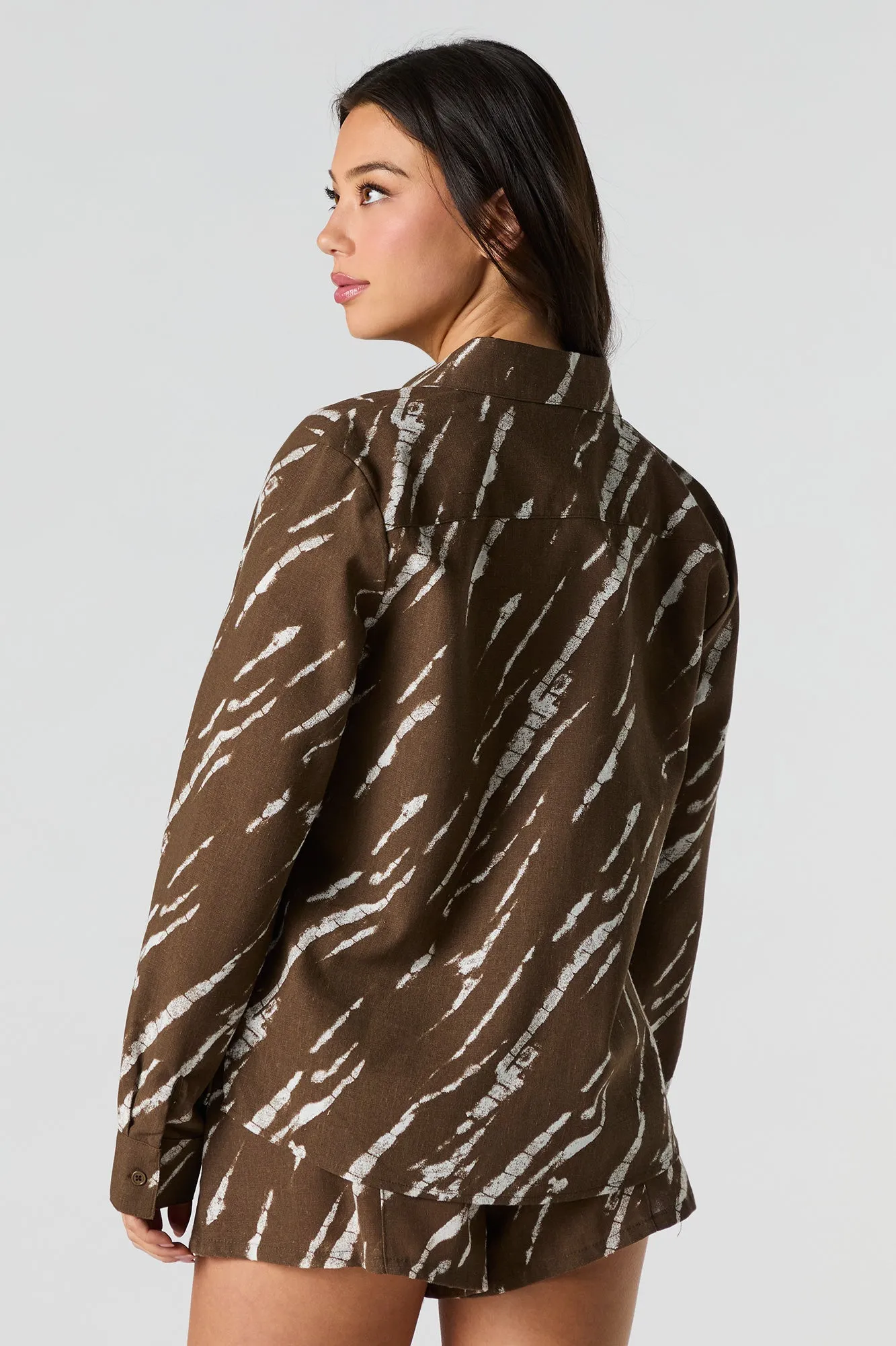 Linen-Blend Button-Up Long Sleeve Top